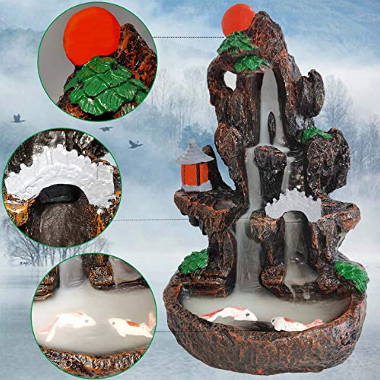 Quemador de cascada de incienso, de resina, cascada, reflujo, torre de montaña, quemador de rocalla, arroyo, aromaterapia, meditación, decoración con 120 conos de incienso y 30 varillas de incienso