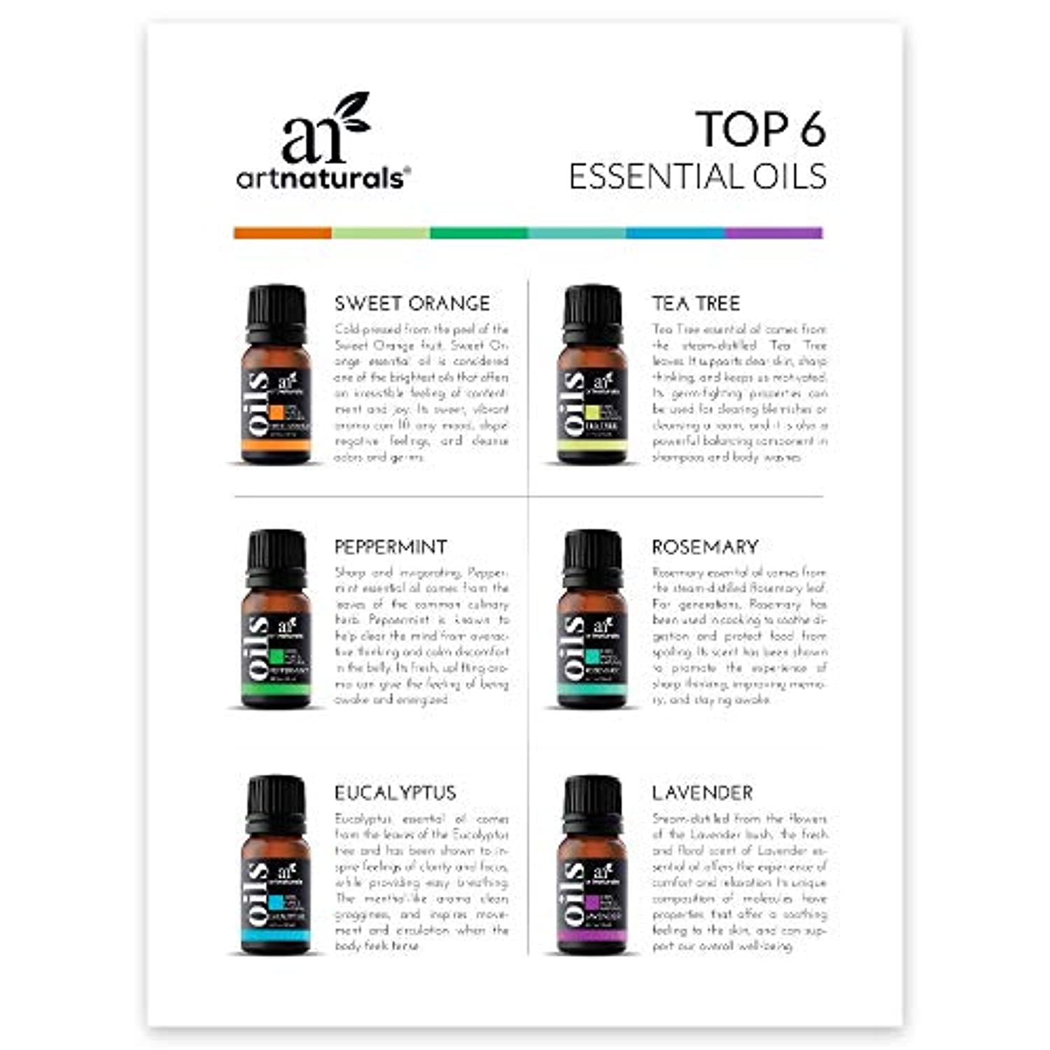 ArtNaturals, 6 aceites esenciales de aromaterapia, 100% puro de la mejor calidad, menta, árbol de té, romero, lavanda, eucalipto e incienso, grado terapéutico