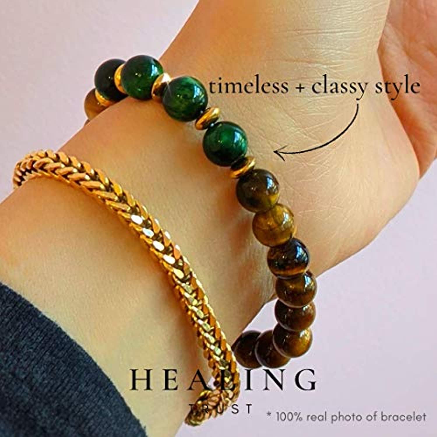 Pulsera de ojo de tigre marrón para hombres y mujeres + ojo de tigre verde, espaciadores de hematites dorados, 100% riqueza prosperidad suerte empresarial, pulseras curativas para hombres y mujeres