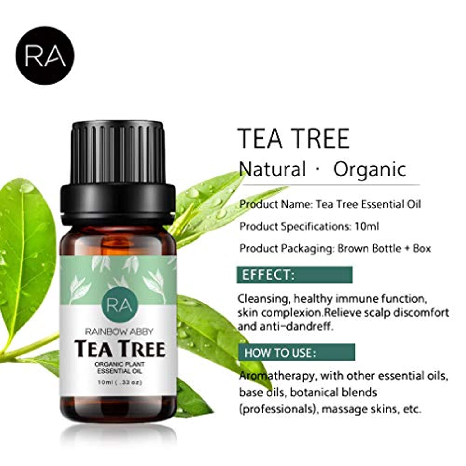 Aceites esenciales de árbol de té, 100 % aceite de olis natural puro, mejor grado terapéutico, cuidado de la piel, aromaterapia, masaje, 0.3 fl oz