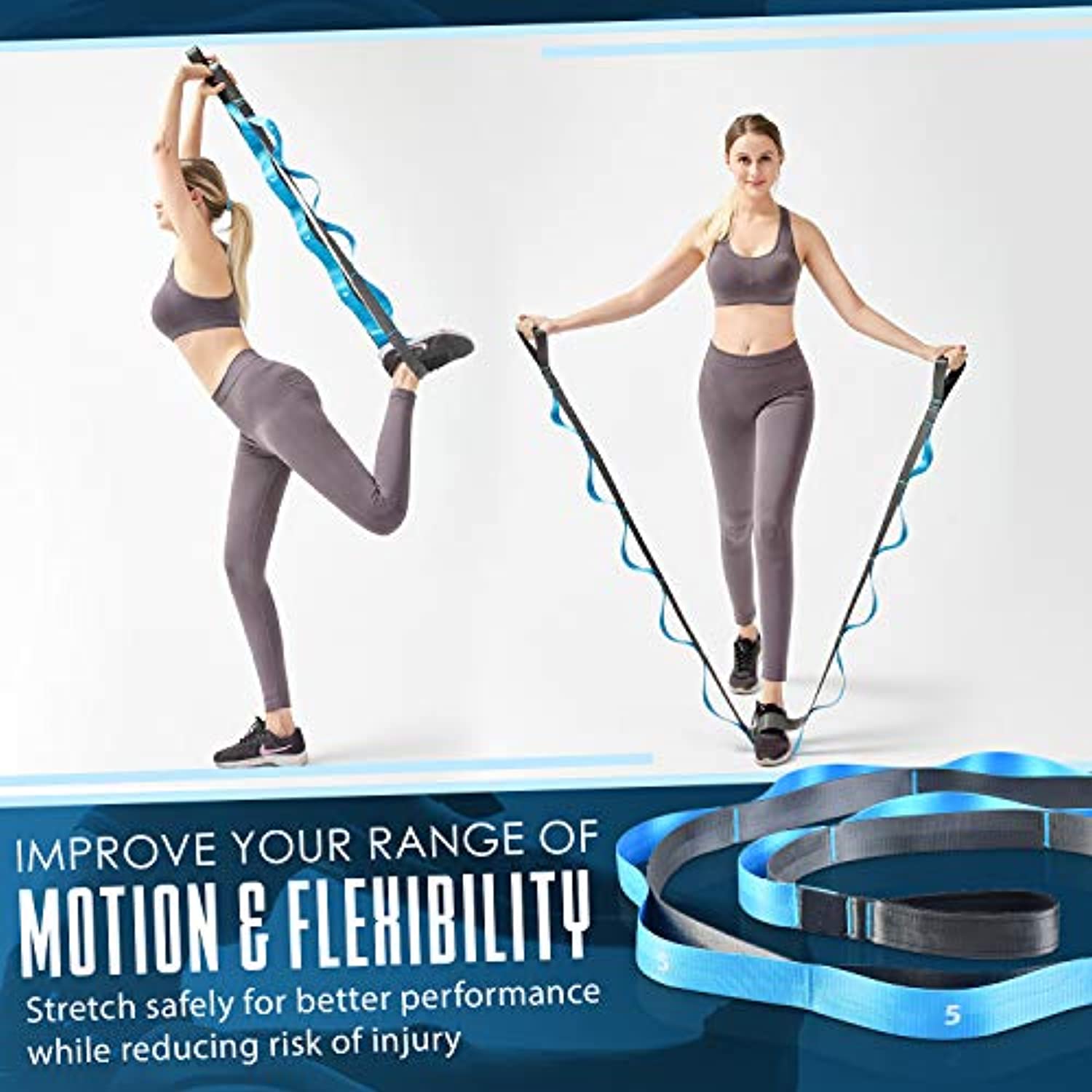 Relax Tony - Correa elástica con trabillas para yoga, terapia física y ejercicios de flexibilidad, no elástica, 12 bucles, incluye guía ilustrada de entrenamiento, Gris