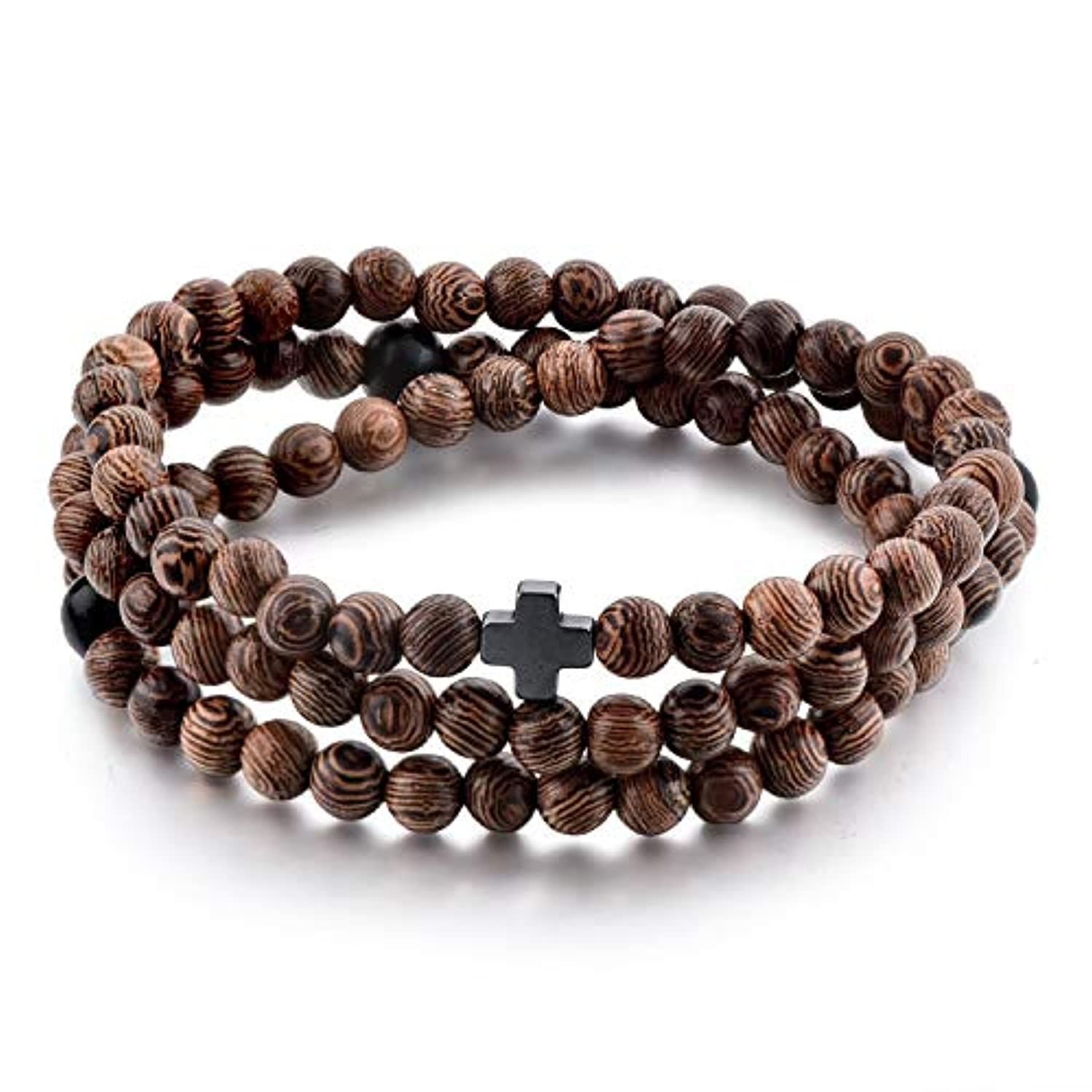 Pulsera de cuerda de oración cristiana – mujeres hombres niños – 100 madera + 3 perlas negras y cruz – 0.236 in madera 100