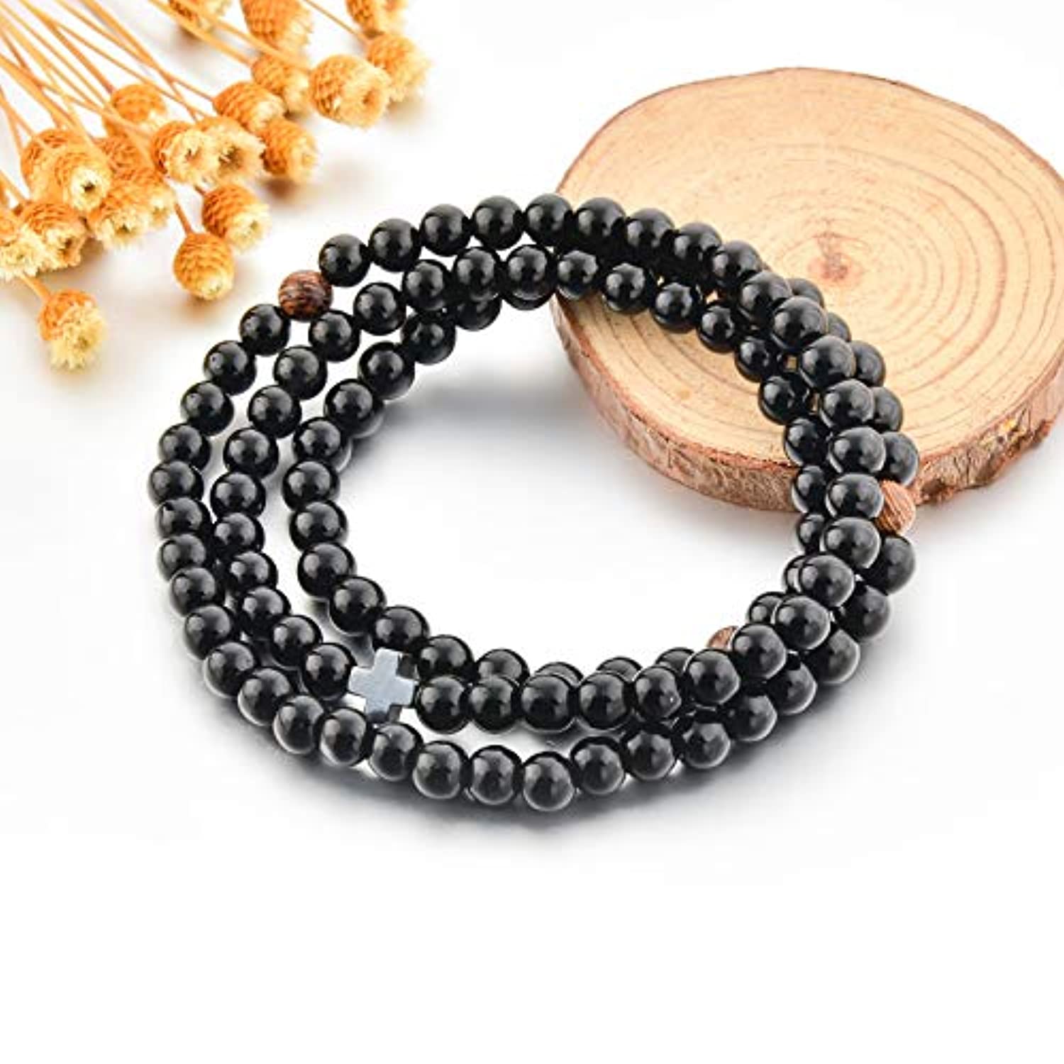 Pulsera de cuentas de oración cristiana de 0.236 in, 100 cuentas negras + 3 cuentas de madera y cruz, para mujeres, hombres y niños