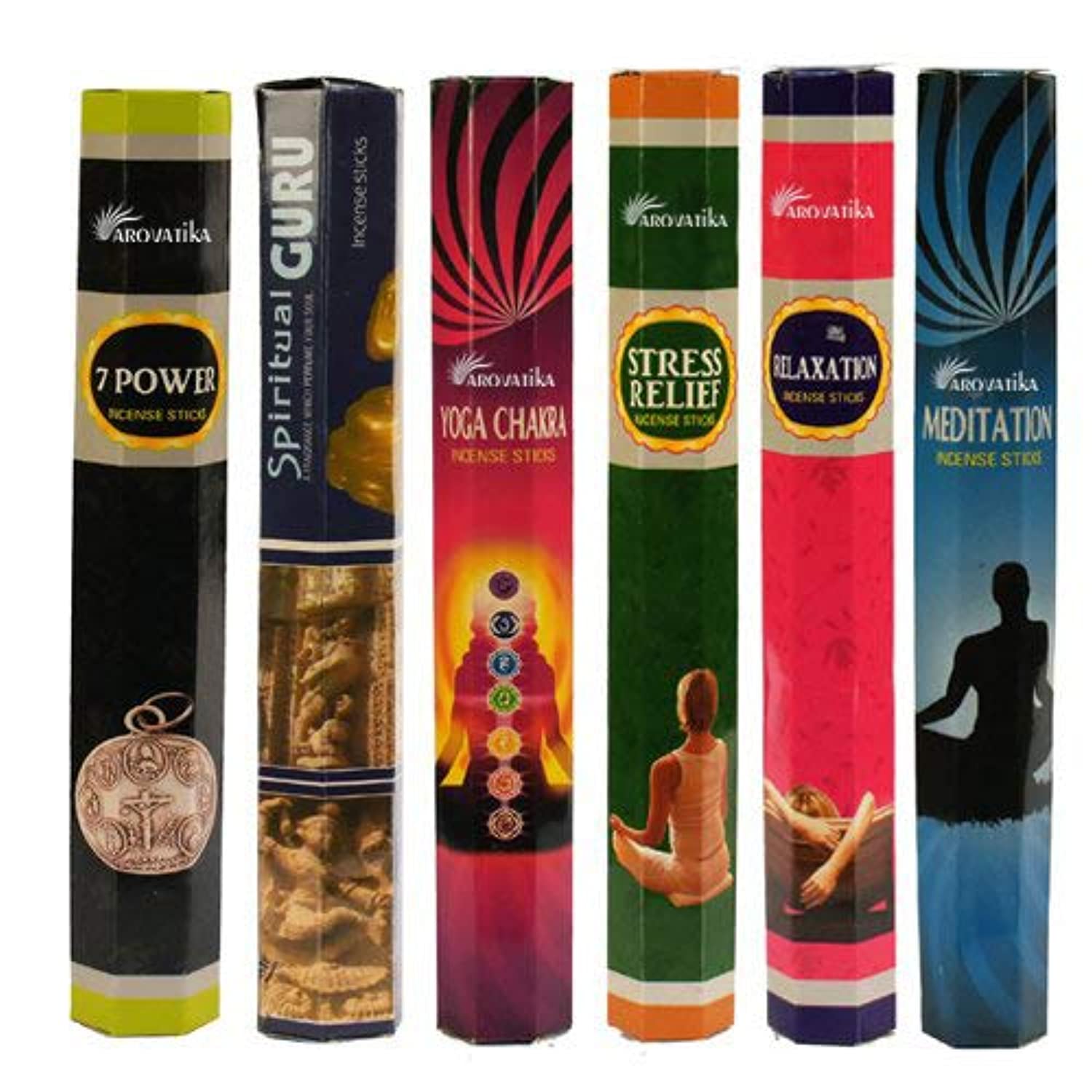 Aromatika mejor vendedor Hexa Combo Pack 'C' (6 cajas x 20 varillas = 120 Varillas) varillas de incienso espiritual gurú, Yoga Chakra, 7 Potencia, el alivio del estrés, Meditación, relajante