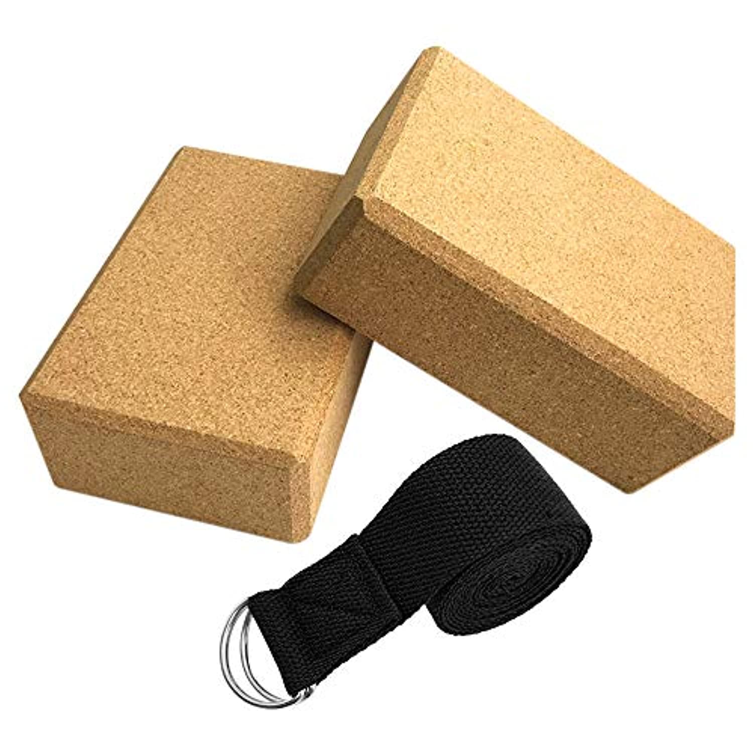 Roeam - Bloques de corcho para yoga con correa ajustable para estiramiento de yoga, corcho, ladrillos de madera, cinturón de yoga ajustable, accesorios de entrenamiento para el hogar
