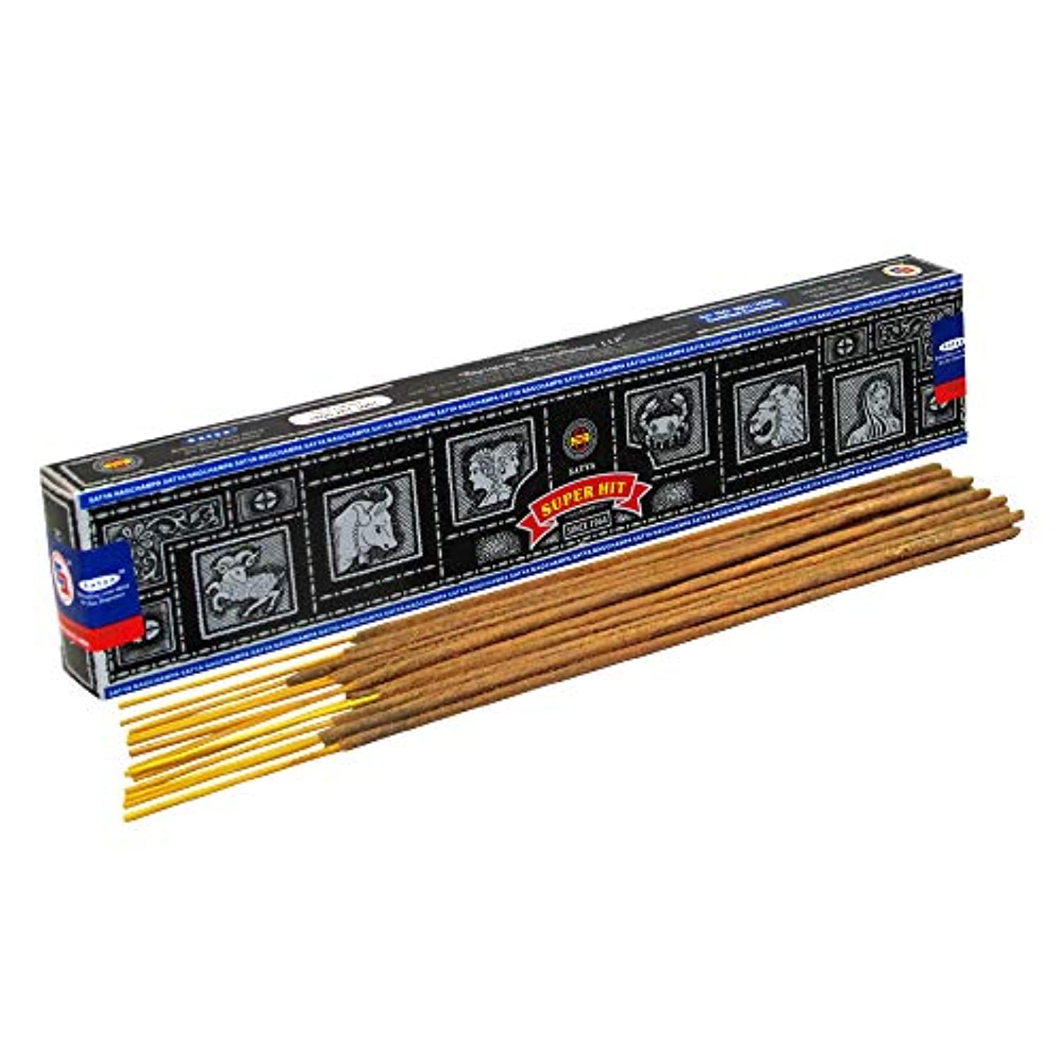 Satya Super Hit - Varillas de incienso (12 unidades, 0.53 oz, con soporte para incienso Trumiri)