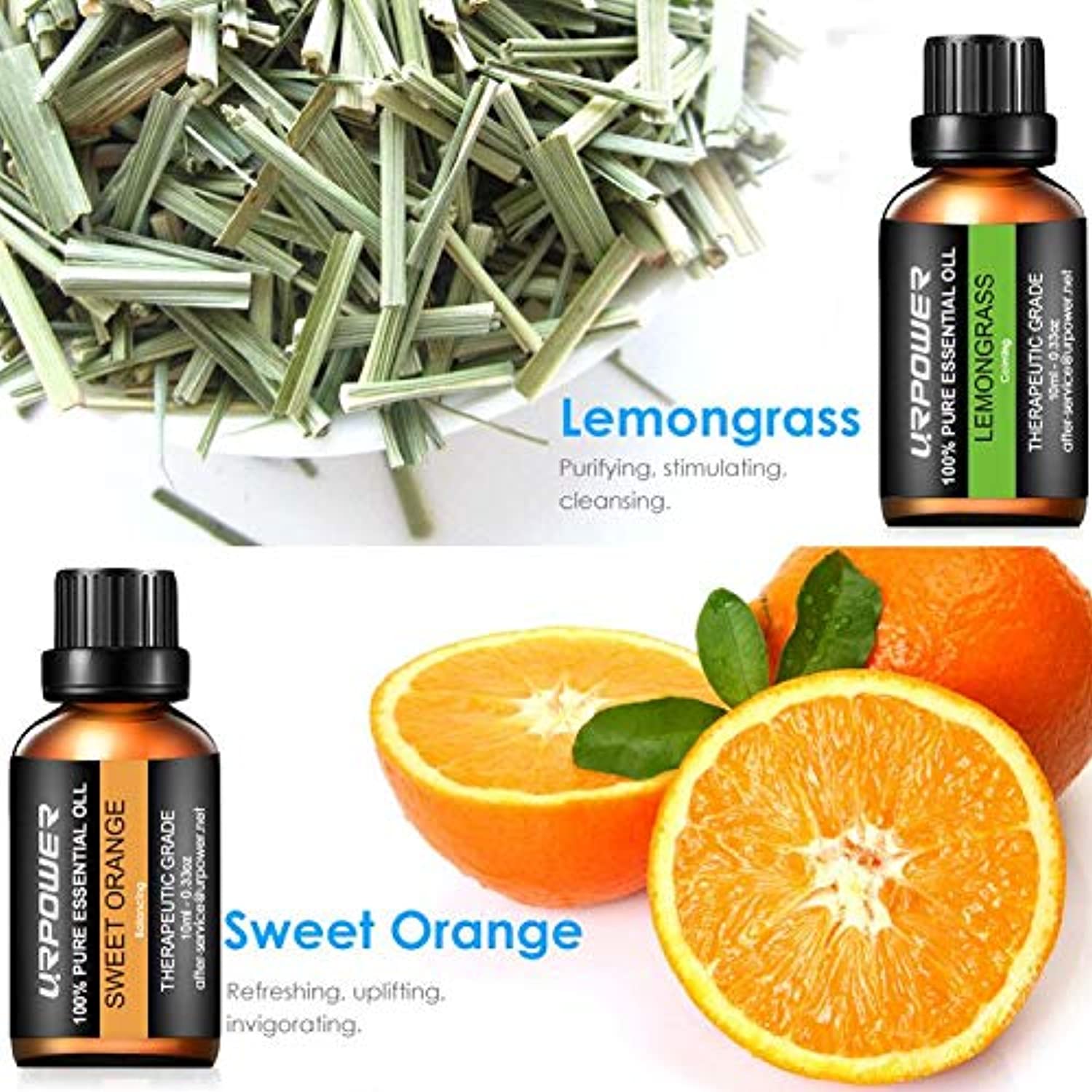 URPOWER Aceites esenciales de aromaterapia superior 8 aceites esenciales 100% puro grado terapéutico aceites esenciales Set lavanda/menta/árbol de té/naranja/eucalipto/limongrass/incienso/romero