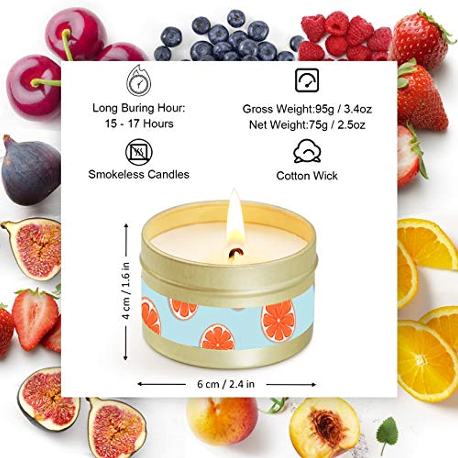 DERDUFT Velas perfumadas, juego de regalo de cera de soja, velas de aromaterapia para el día de la madre, 6 x 2.5 oz, baya, melocotón, cereza, pomelo, naranja de sangre, higo mediterráneo