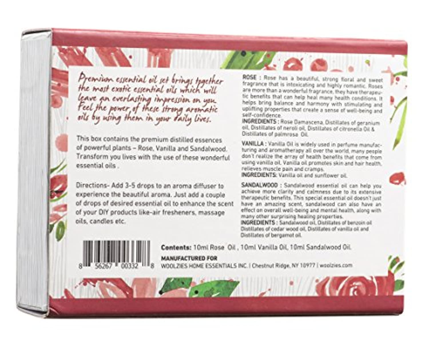 Woolzies puro, terapéutico aceite esencial Set Rosa de aceites, Premium de sándalo y vainilla