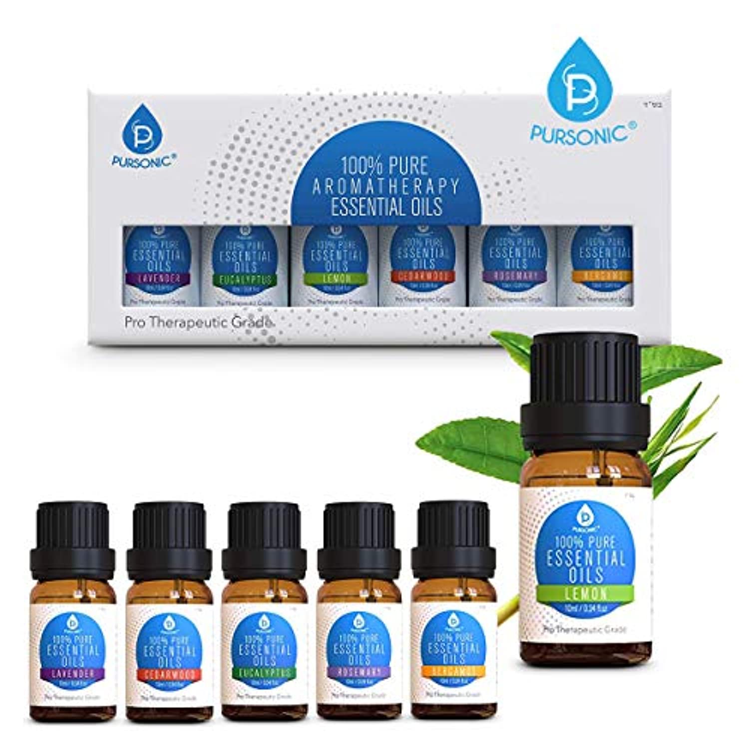 Pursonic 100% Pure Essential Aromatherapy Oils Gift Set-6 Pack , 10ML(Bergamot, Cedarwood, Eucalyptus, Lavender, Lemon, Rosemary.)