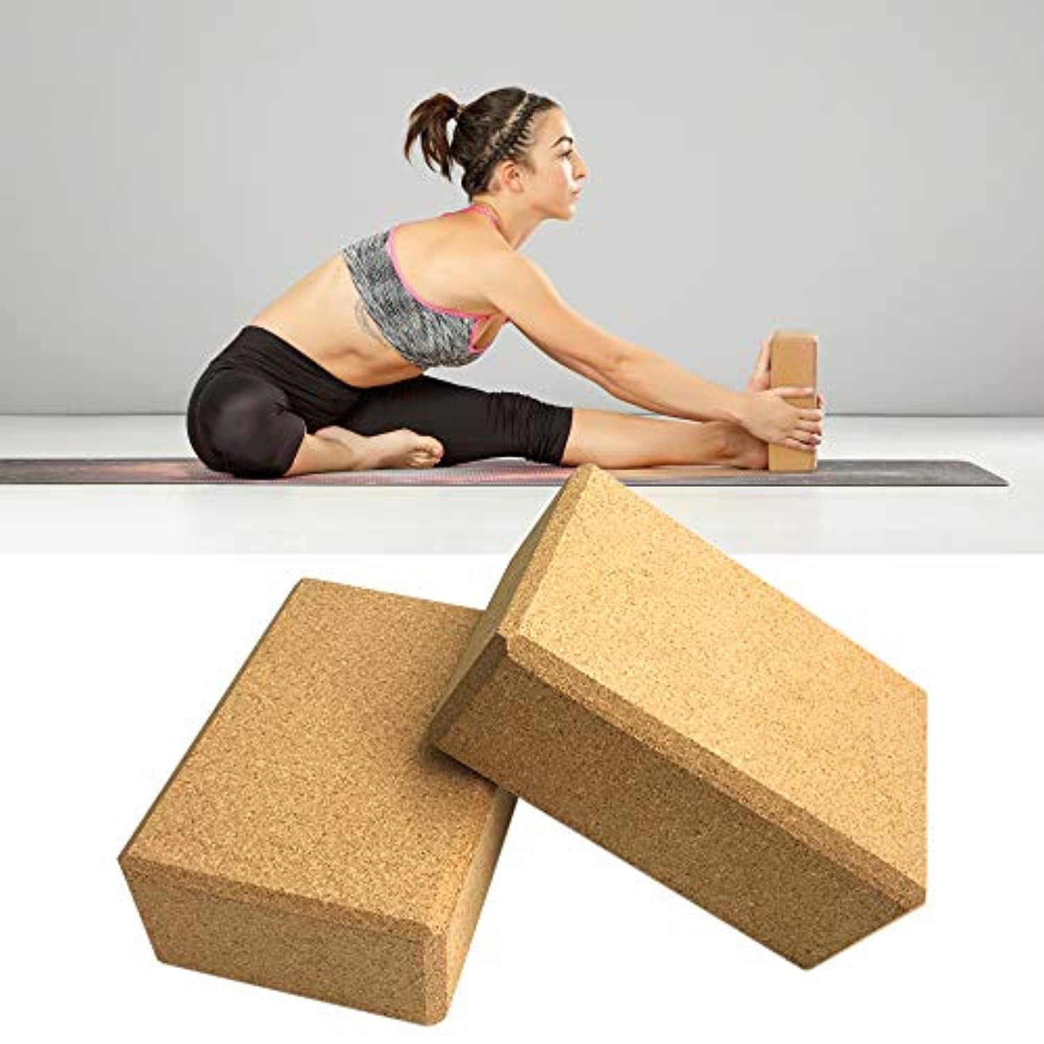Roeam - Bloques de corcho para yoga con correa ajustable para estiramiento de yoga, corcho, ladrillos de madera, cinturón de yoga ajustable, accesorios de entrenamiento para el hogar