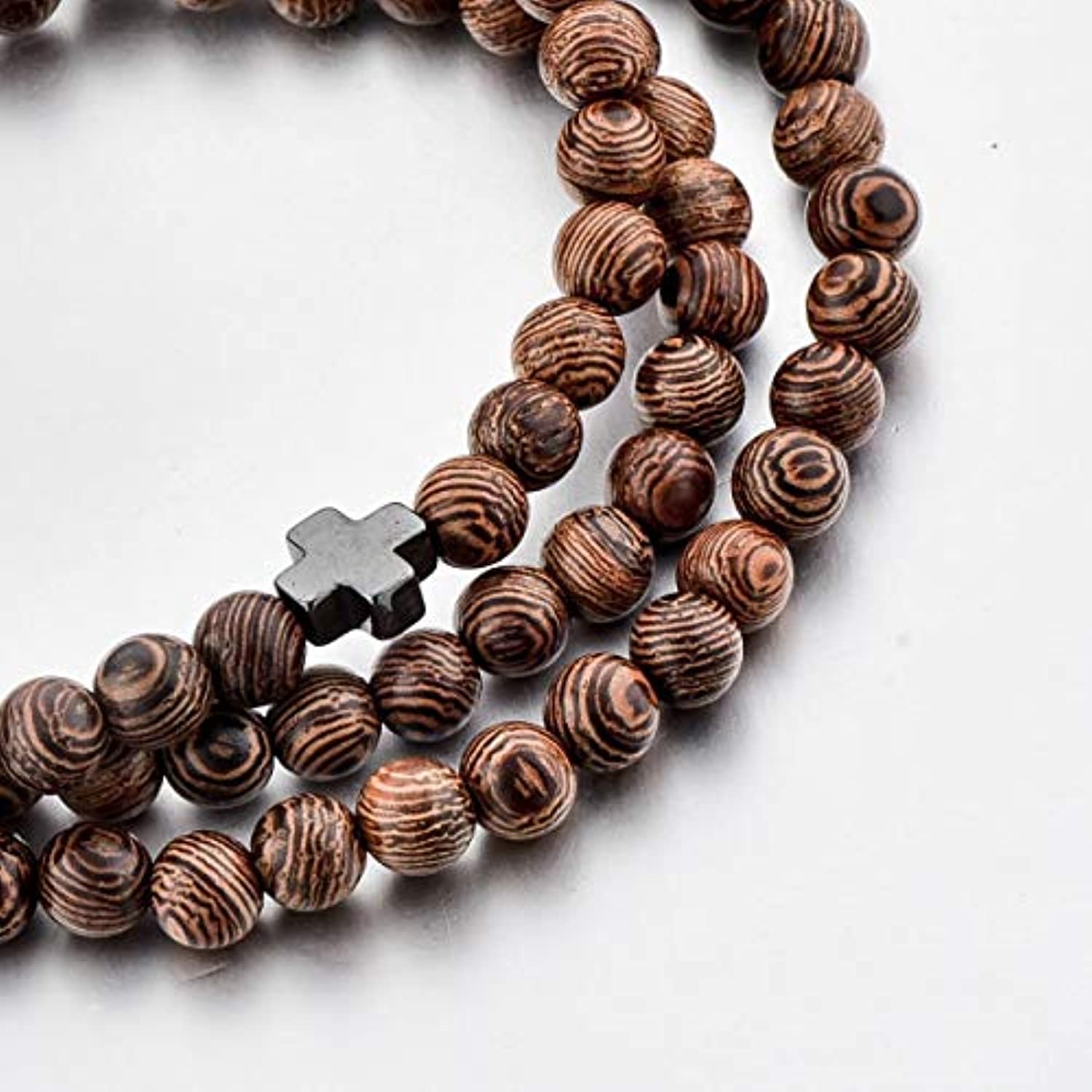 Pulsera de cuerda de oración cristiana – mujeres hombres niños – 100 madera + 3 perlas negras y cruz – 0.236 in madera 100