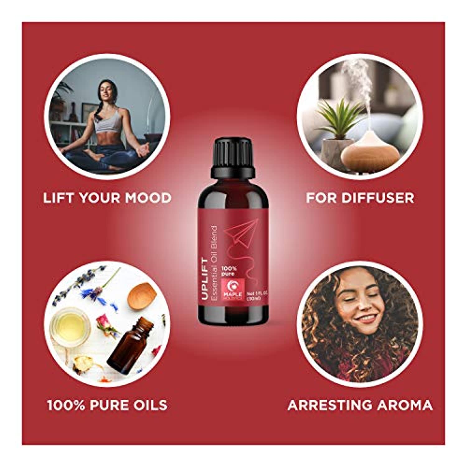 Happiness Aceite Esencial Levantamiento del estado de ánimo, mezclas de aceites esenciales para difusor con aceite esencial Ylang-Ylang, aceites esenciales calmantes, mezcla de aceites esenciales para mejorar el estado de ánimo y aliviar la fatiga