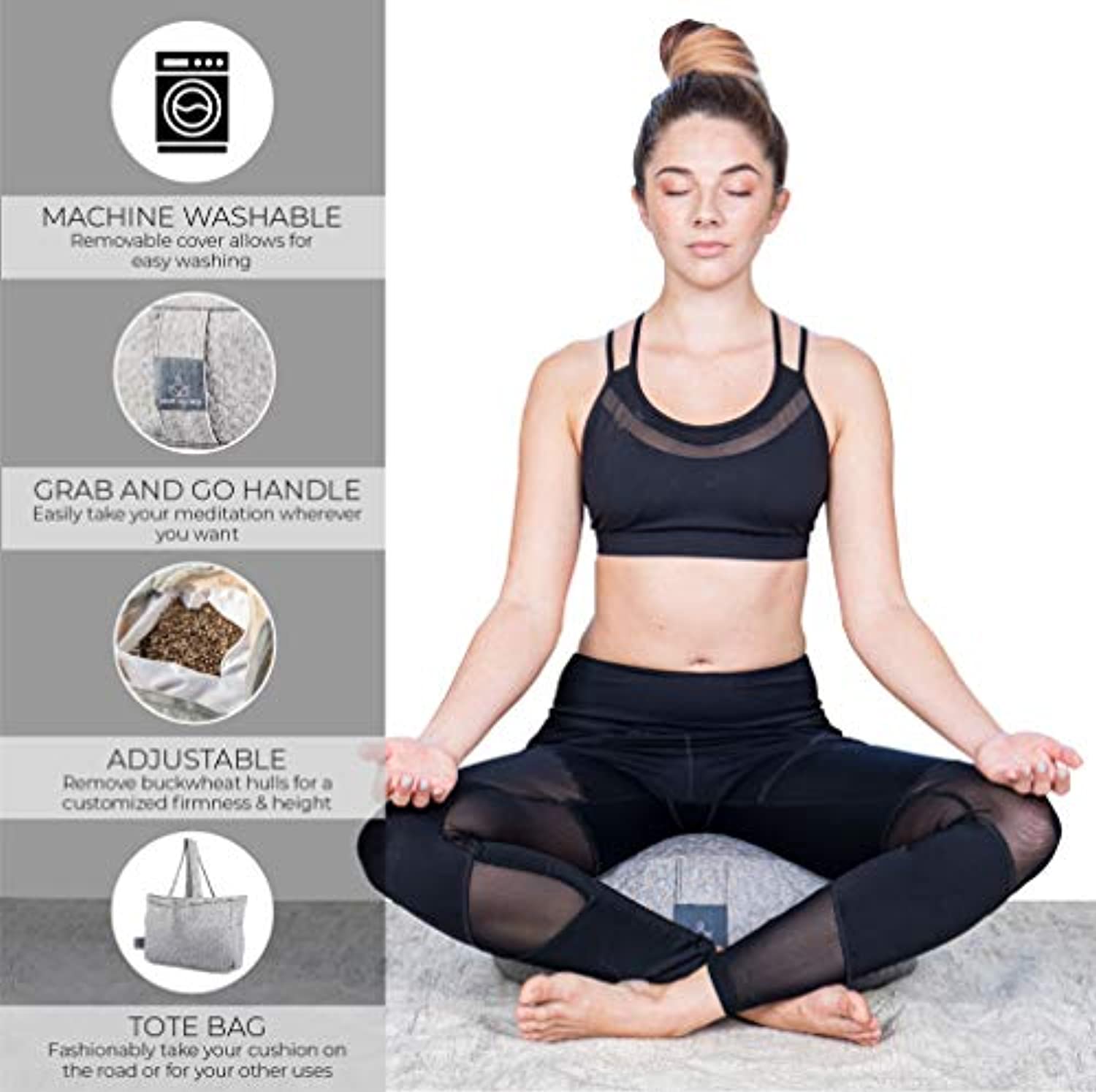 Cojín único de meditación de trigo sarraceno Wellness (17.2 x 13.2 in), almohadas de meditación para sentarse en el suelo, cojín de yoga para mujeres y hombres, bolsa de mano para viajes, con aroma a lavanda, lavable a máquina