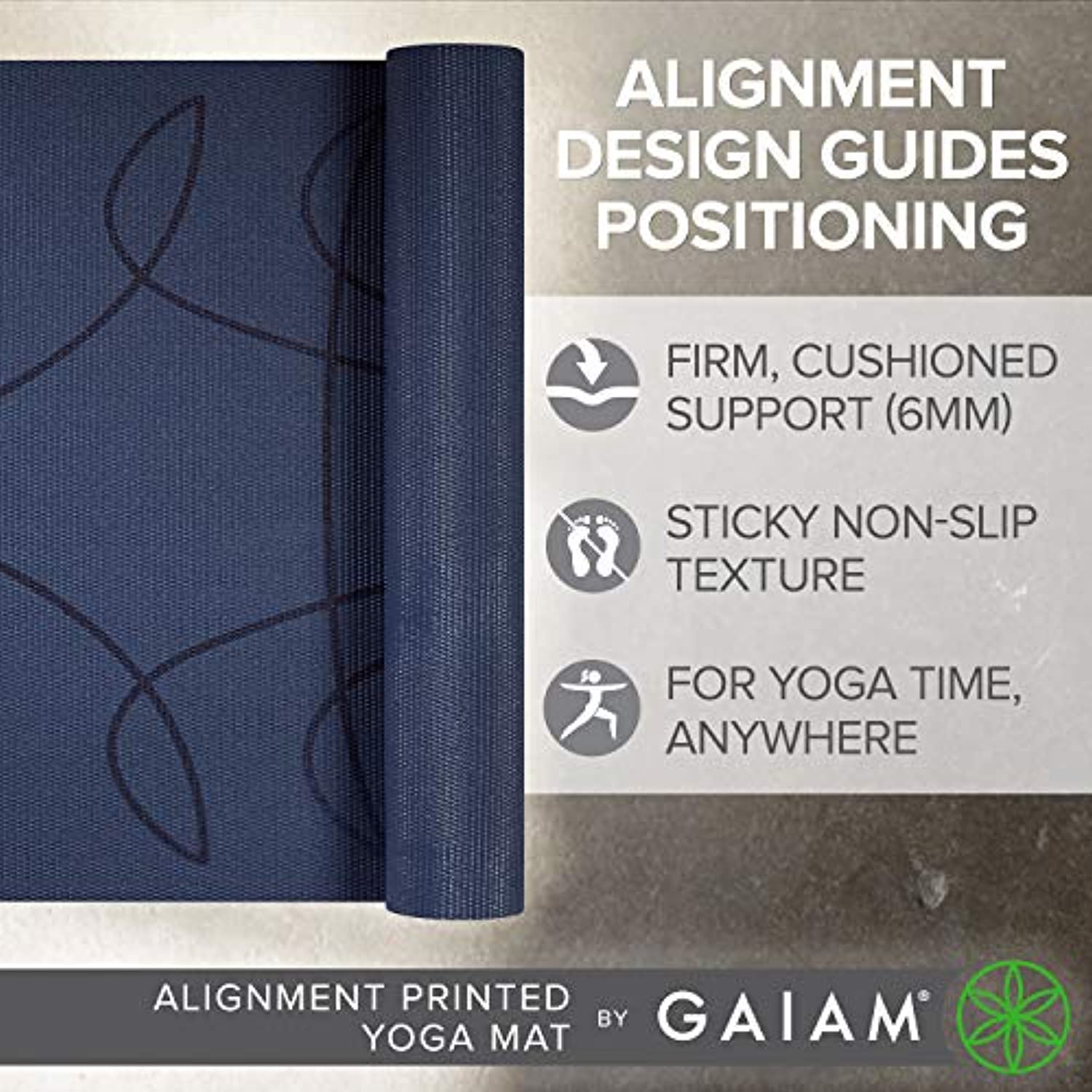 Gaiam - Tapete de yoga estampado y extragrueso de 6mm, de primera calidad, para todo tipo de yoga, pilates y ejercicios en el suelo (68 pulgadas de largo x 24 pulgadas de ancho x 6mm de grosor)