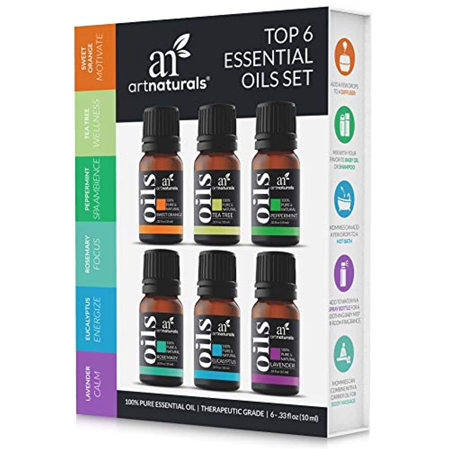 ArtNaturals, 6 aceites esenciales de aromaterapia, 100% puro de la mejor calidad, menta, árbol de té, romero, lavanda, eucalipto e incienso, grado terapéutico