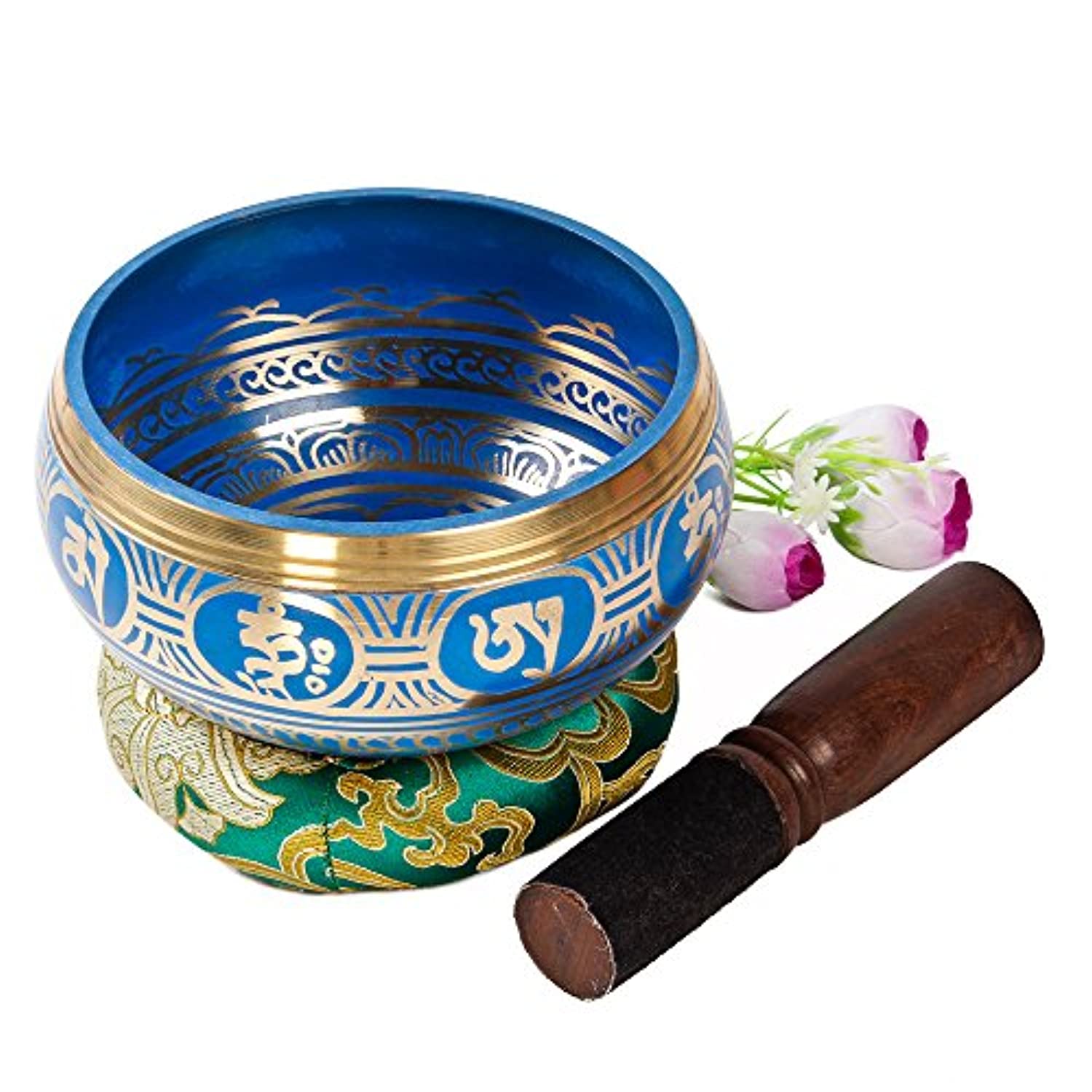 Juego de cuencos tibetanos, diseño azul fresco, maha bodhi, 4.7 in de ancho, auténtico gong de meditación para relajación y curación de chakras, totalmente tallado a mano, regalo perfecto