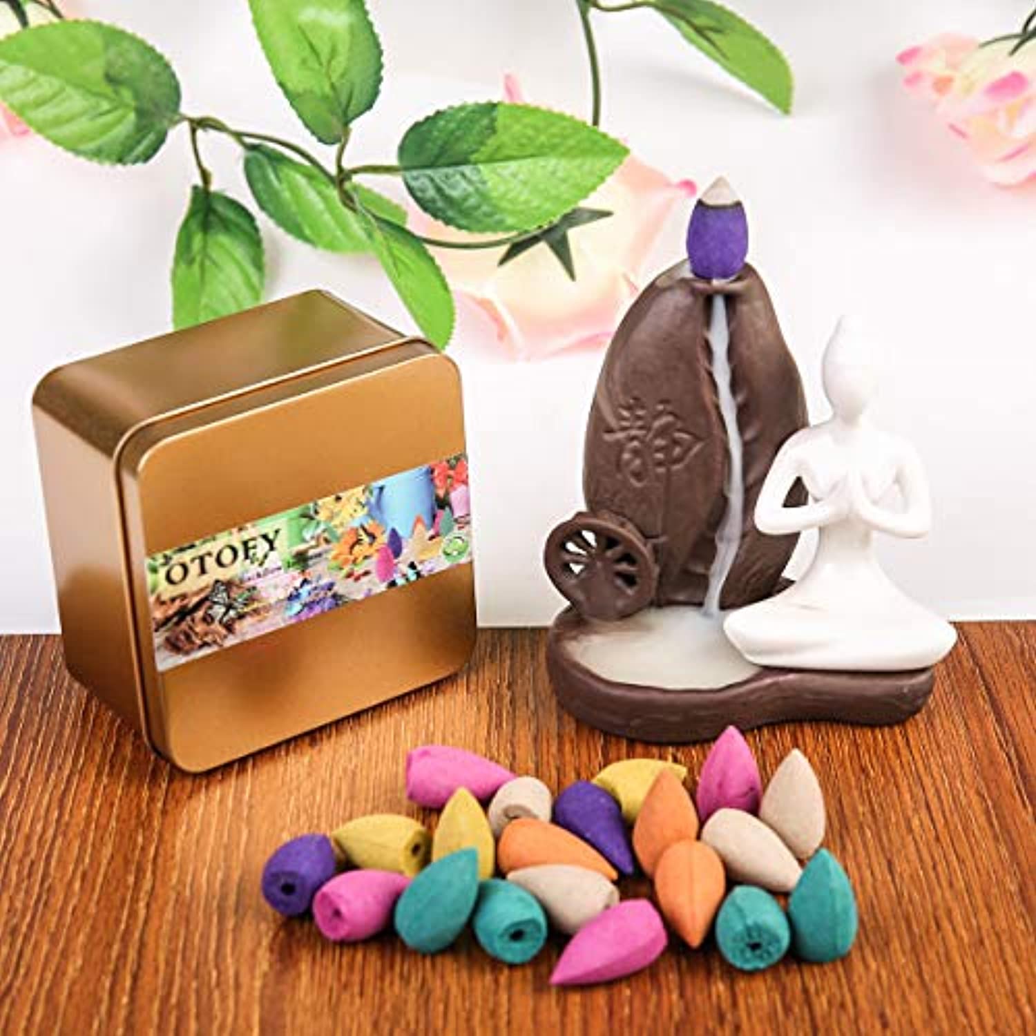 OTOFY - Conos de incienso de cascada con reflujo de 70 piezas, incienso de jazmín Osmanthus de lavanda verde té rosa sándalo madera mezclada natural palo de cocina fragante cono