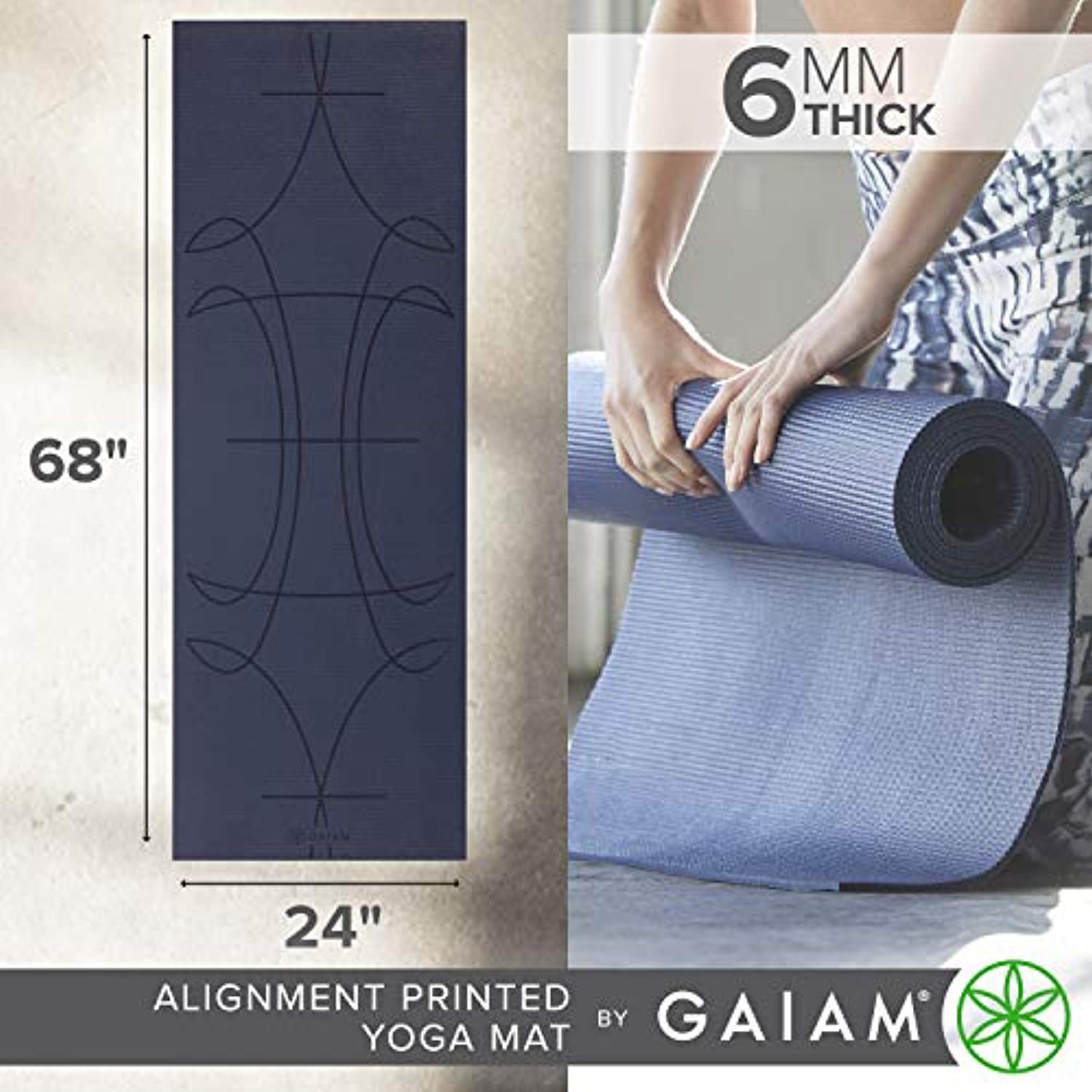 Gaiam - Tapete de yoga estampado y extragrueso de 6mm, de primera calidad, para todo tipo de yoga, pilates y ejercicios en el suelo (68 pulgadas de largo x 24 pulgadas de ancho x 6mm de grosor)