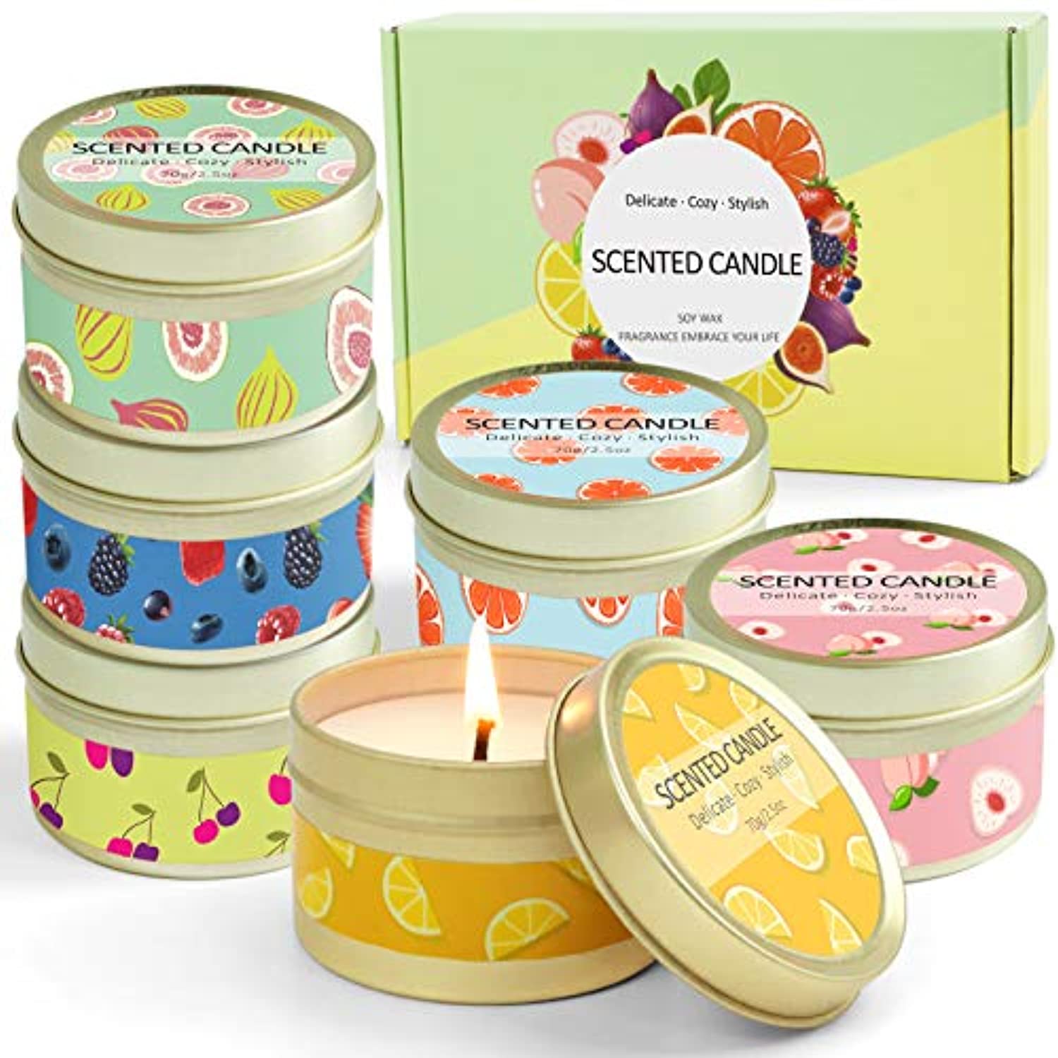 DERDUFT Velas perfumadas, juego de regalo de cera de soja, velas de aromaterapia para el día de la madre, 6 x 2.5 oz, baya, melocotón, cereza, pomelo, naranja de sangre, higo mediterráneo