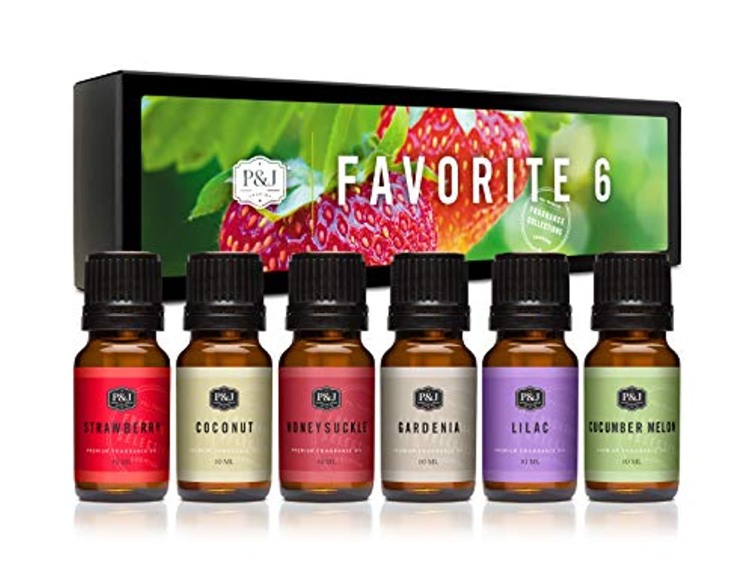 Favorites - Juego de 6 aceites aromáticos de primera calidad, fresa, lila, pepino, melón, coco, gardenia, madreselva – 0.3 fl oz