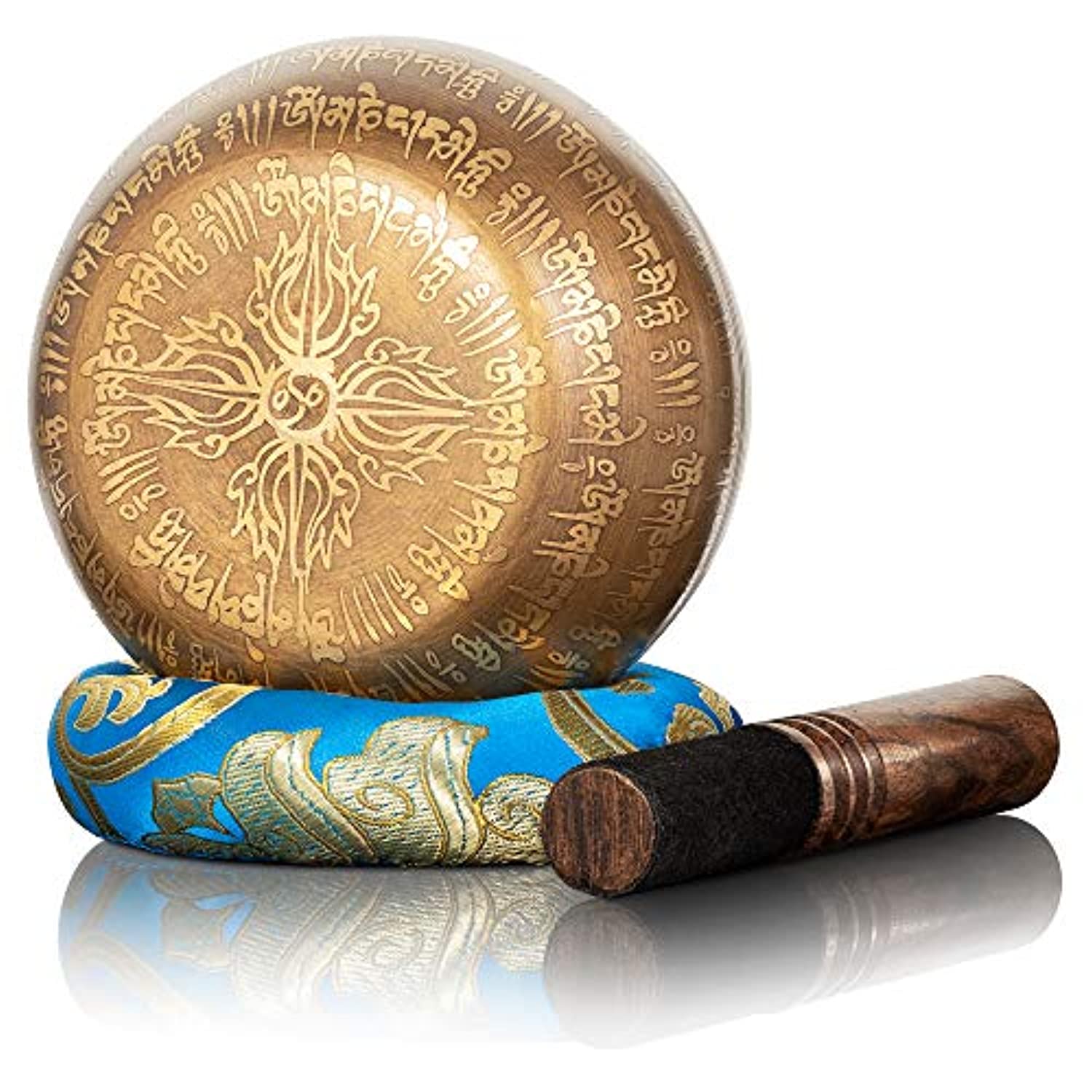Dhyana House - Juego de cuencos tibetanos con Striker, cojín para meditación, atención plena, curación, yoga, chakra, relajación y música hecha a mano en Nepal, 4 mini diseño de buda