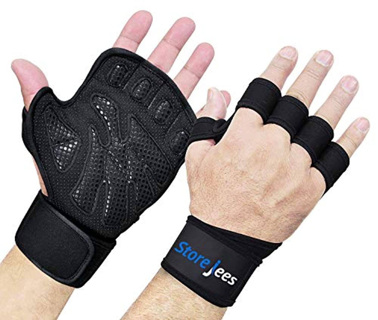 Guantes de gimnasio para levantamiento de pesas con muñequera para hombres y mujeres, guantes de entrenamiento sin dedos totalmente ventilados que protegen el pulgar y la palma, agarre extra natural para levantamiento de pesas, ejercicios de crossfit
