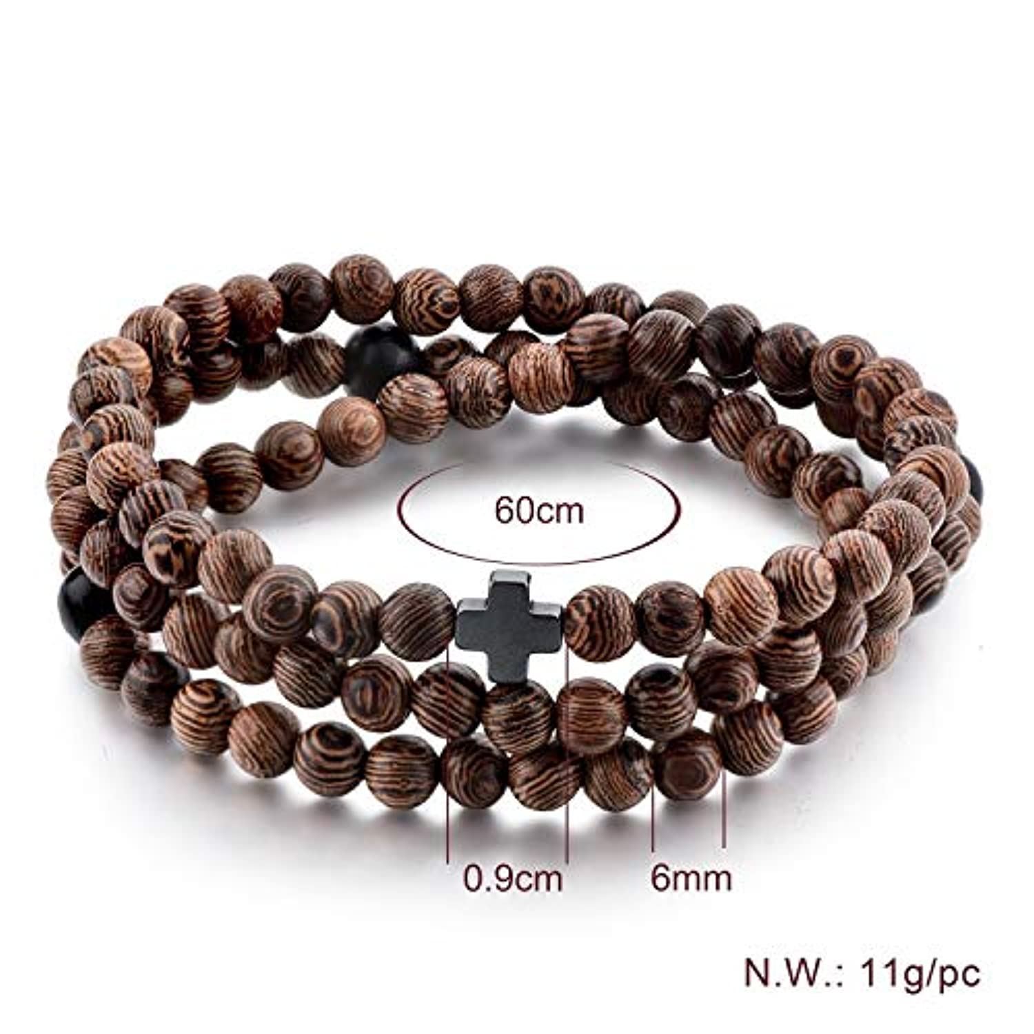 Pulsera de cuerda de oración cristiana – mujeres hombres niños – 100 madera + 3 perlas negras y cruz – 0.236 in madera 100
