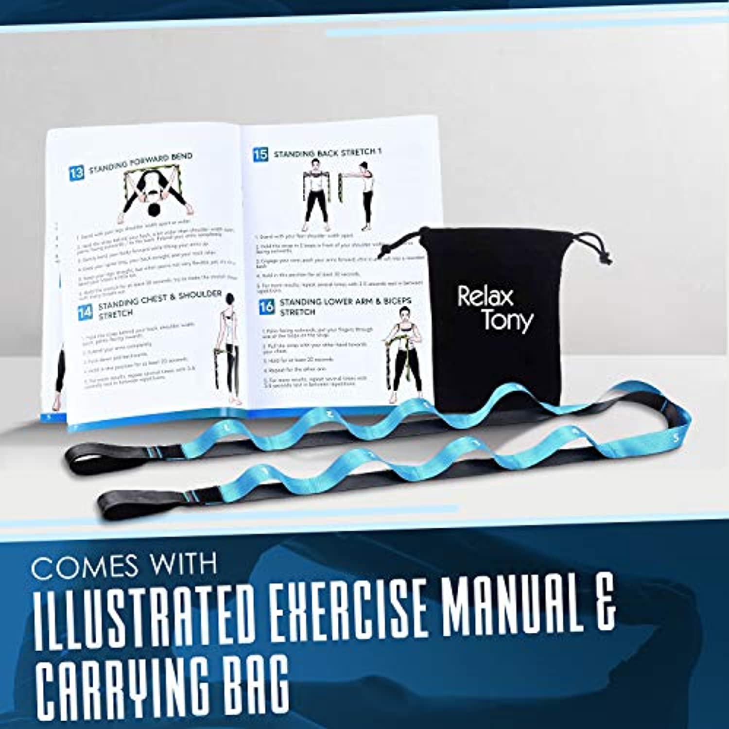 Relax Tony - Correa elástica con trabillas para yoga, terapia física y ejercicios de flexibilidad, no elástica, 12 bucles, incluye guía ilustrada de entrenamiento, Gris