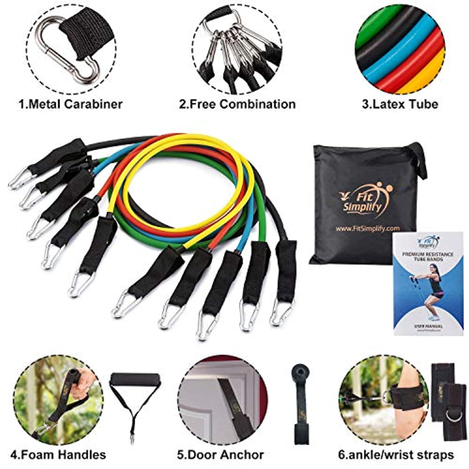Fit Simplify juego de bandas resistentes, 11 piezas, con ancla para puertas, cintas para tobillos, bolsa para transportar y bandas de tubo para ejercicios. Incluye guía de ejercicios, ebook y videos en línea