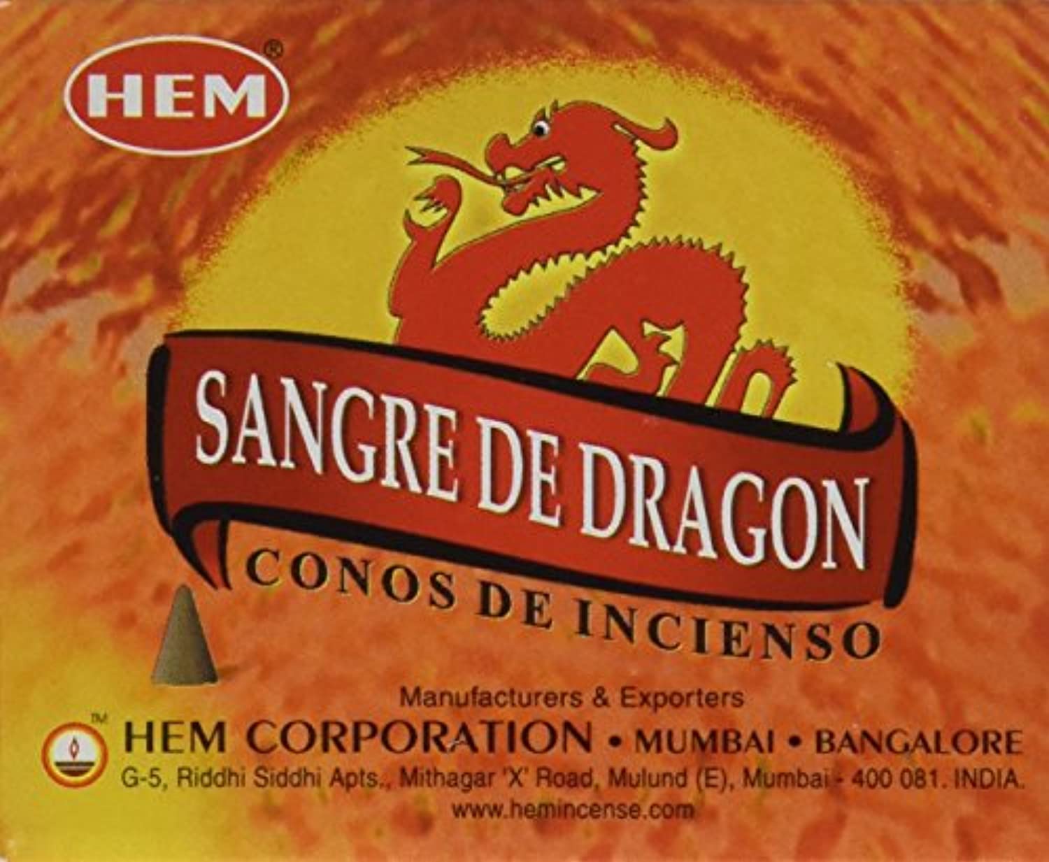 Sangre del Dragón - Caja de 12 cajas, 10 conos cada uno, incienso HEM de la India