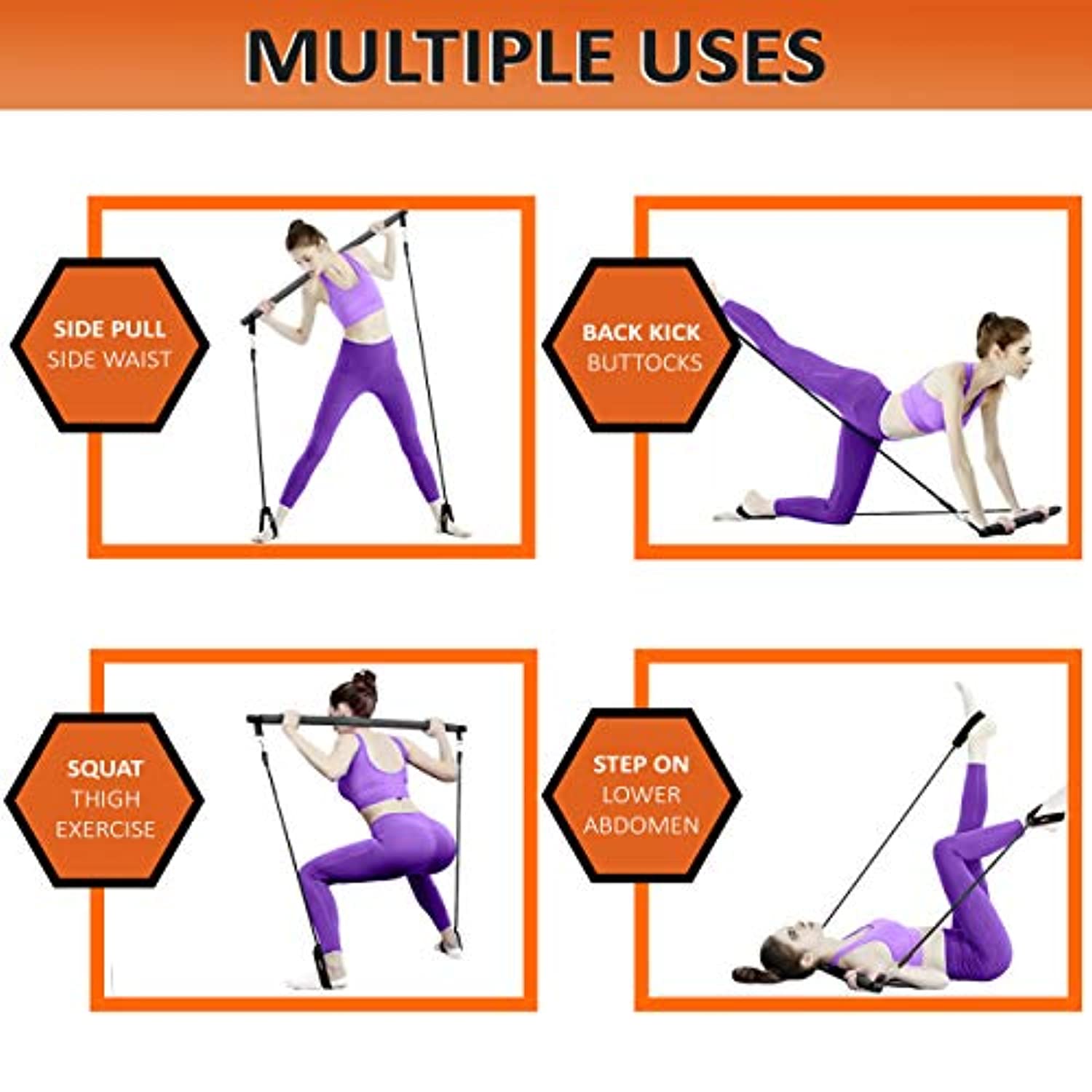 Barra de pilates con 2 juegos de bandas de resistencia (20 libras y 30 libras) con trabillas para los pies, portátil, compacto, 3 secciones de palillo | Total de cuerpo/gimnasio en casa | yoga, fitness, tonificación, estiramiento