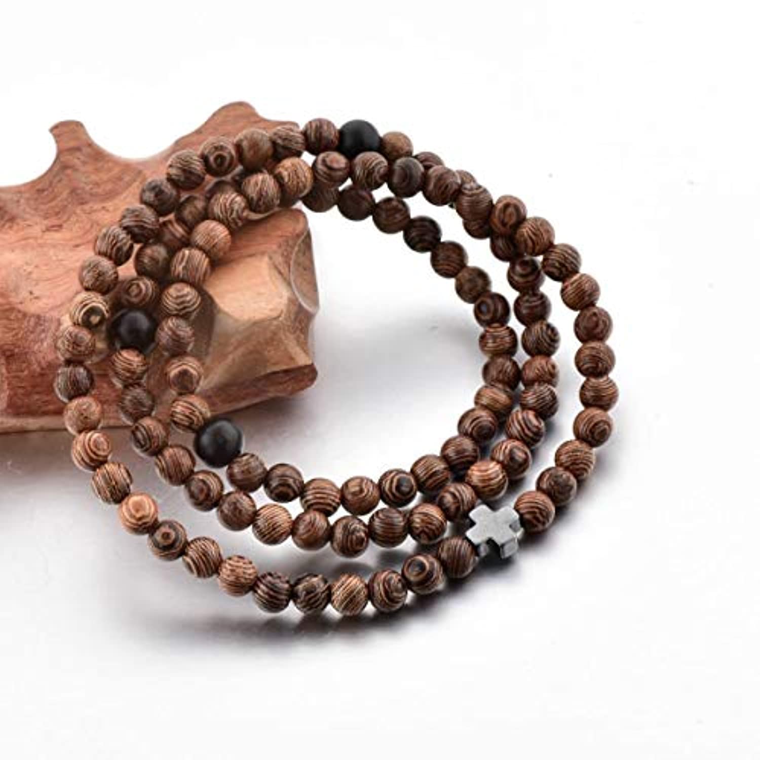 Pulsera de cuerda de oración cristiana – mujeres hombres niños – 100 madera + 3 perlas negras y cruz – 0.236 in madera 100