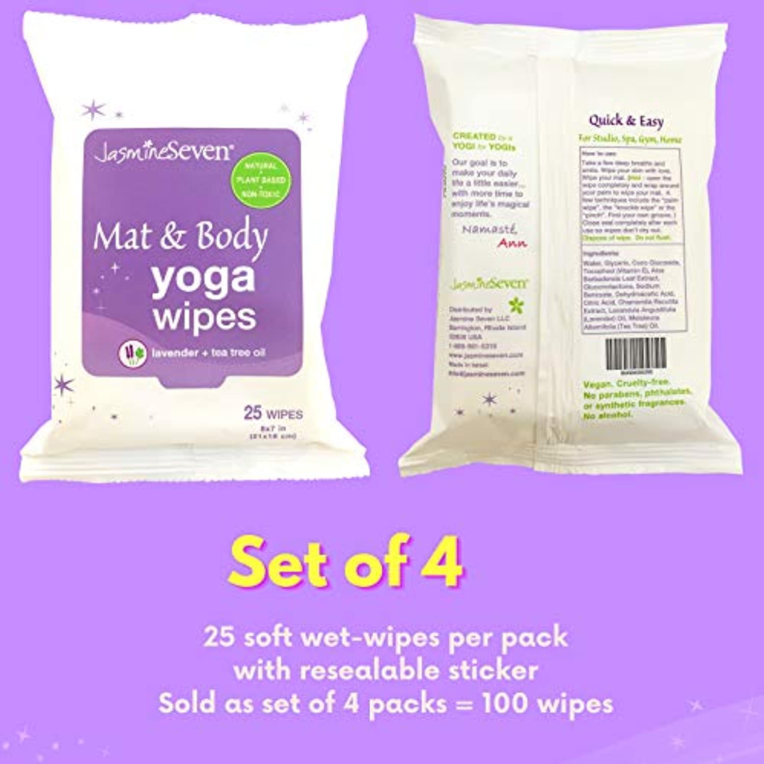 Toallitas de yoga para estera y cuerpo – Lavanda natural y árbol de té – Juego de 4 (25 toallitas por paquete) = 100 toallitas – por Jasmine Seven – para el hogar, estudio, gimnasio, viajes