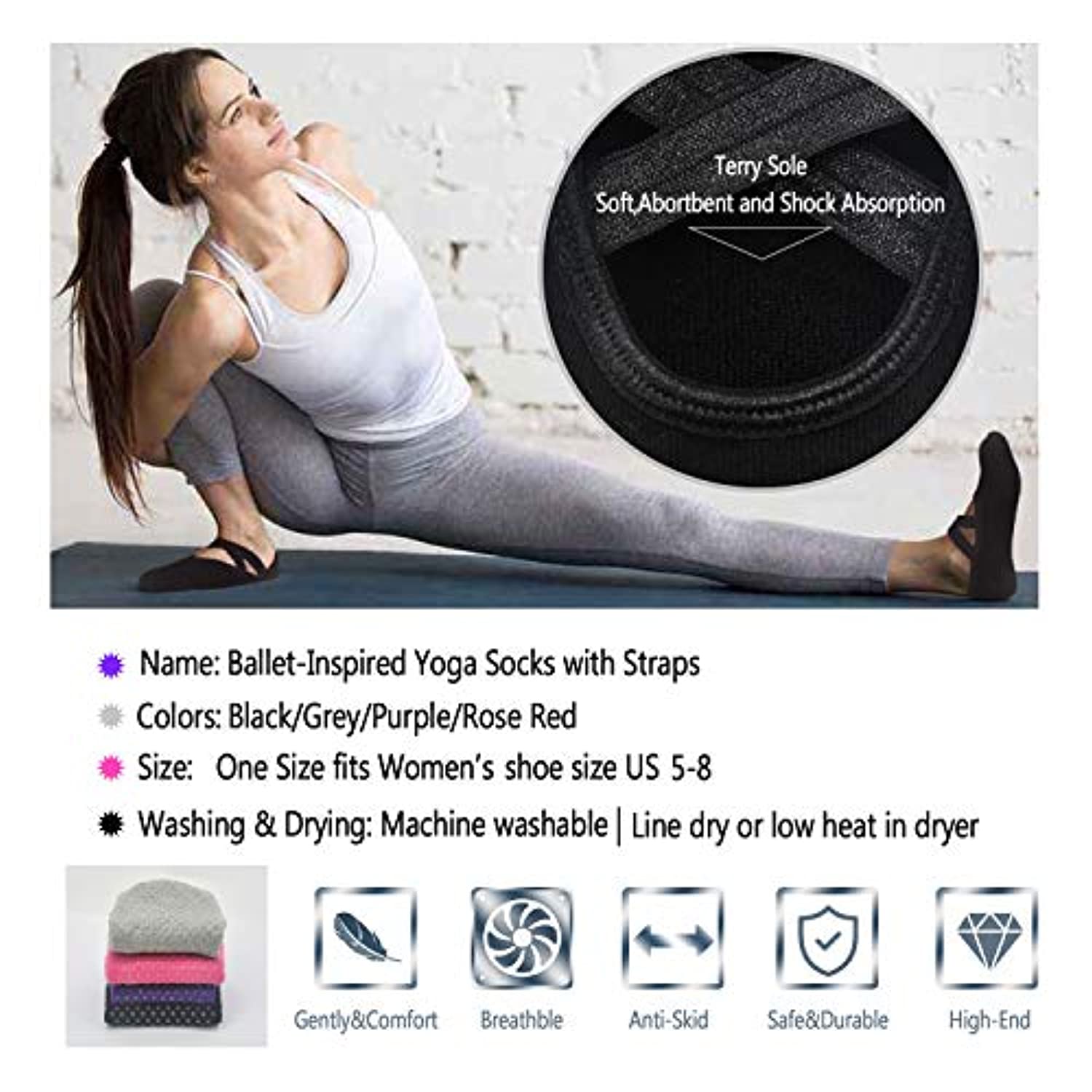 Sticky Pilates Barre Calcetines de yoga – Elutong 4 unidades antideslizantes antideslizantes con puños calcetines de ballet danza para mujer