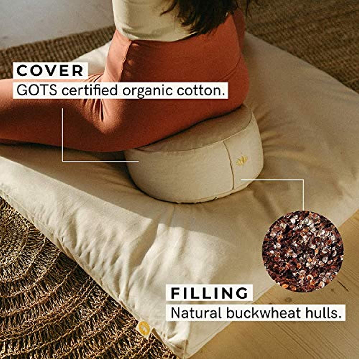 Lotuscrafts - Cojín de meditación redondo de loto – meditación cómoda y profunda – Altura 5.9 in – Funda lavable de algodón orgánico – Almohada de meditación