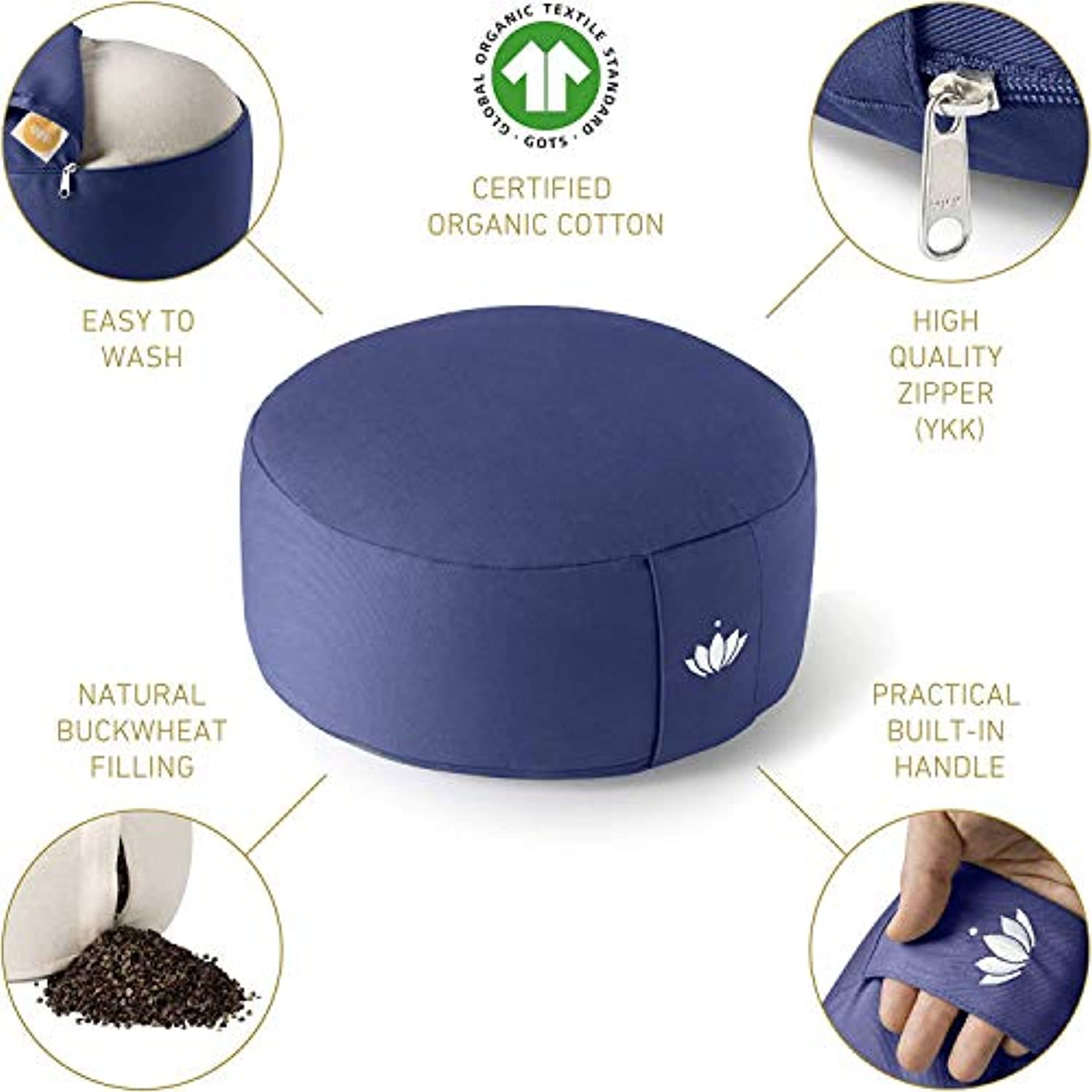Lotuscrafts - Cojín de meditación redondo de loto – meditación cómoda y profunda – Altura 5.9 in – Funda lavable de algodón orgánico – Almohada de meditación