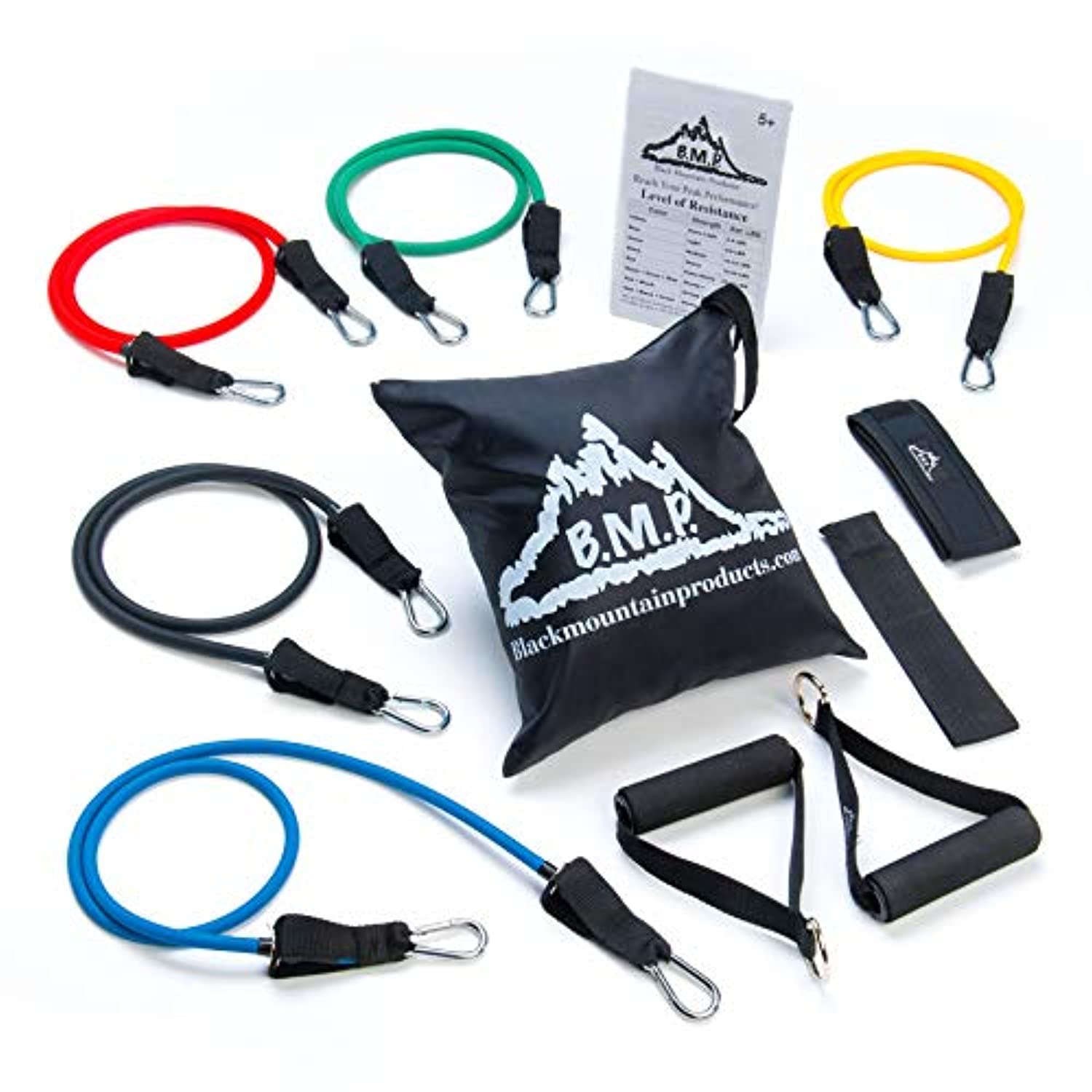 Black Mountain Products, juego de bandas para resistencia con traba para puerta, correa para tobillo, tabla de ejercicios y banda de resistencia.