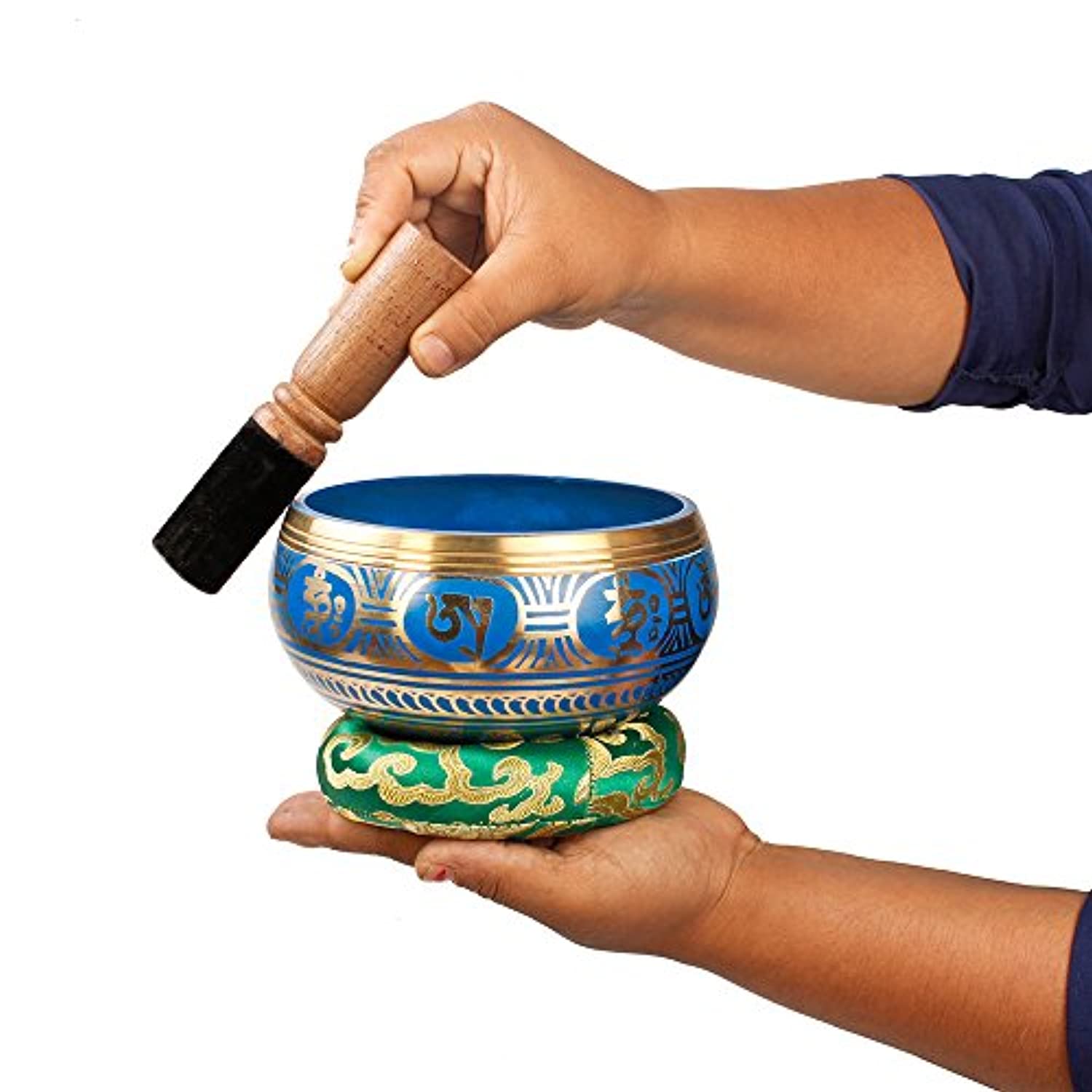 Juego de cuencos tibetanos, diseño azul fresco, maha bodhi, 4.7 in de ancho, auténtico gong de meditación para relajación y curación de chakras, totalmente tallado a mano, regalo perfecto