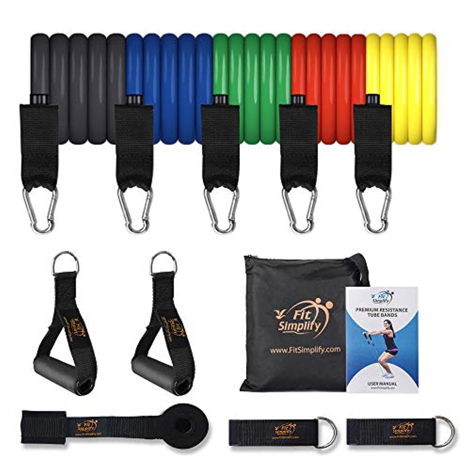 Fit Simplify juego de bandas resistentes, 11 piezas, con ancla para puertas, cintas para tobillos, bolsa para transportar y bandas de tubo para ejercicios. Incluye guía de ejercicios, ebook y videos en línea