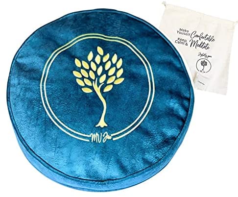 Cojín de meditación MV Joie Zafu relleno con cascos de trigo sarraceno y paquetes de carbón | Almohada de yoga en terciopelo suave/gamuza; diseño de bordado, bolsa de lavanda y bolsa de algodón antipolvo.