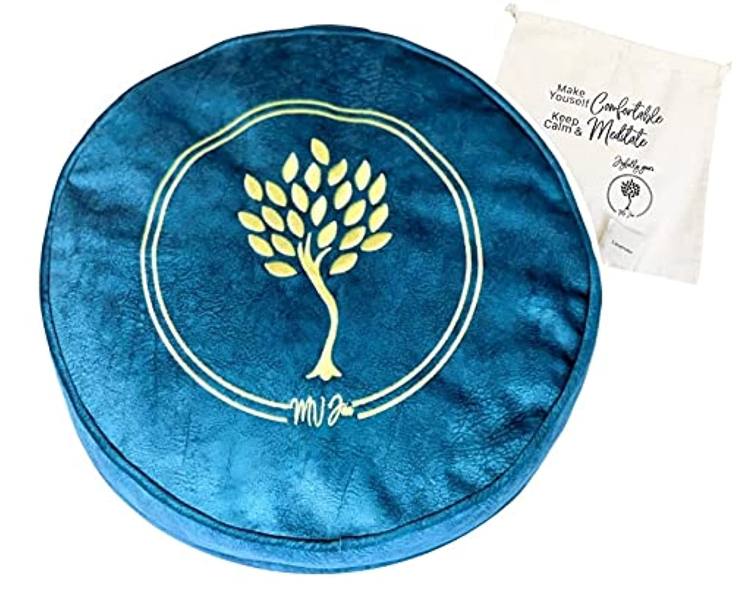 Cojín de meditación MV Joie Zafu relleno con cascos de trigo sarraceno y paquetes de carbón | Almohada de yoga en terciopelo suave/gamuza; diseño de bordado, bolsa de lavanda y bolsa de algodón antipolvo.