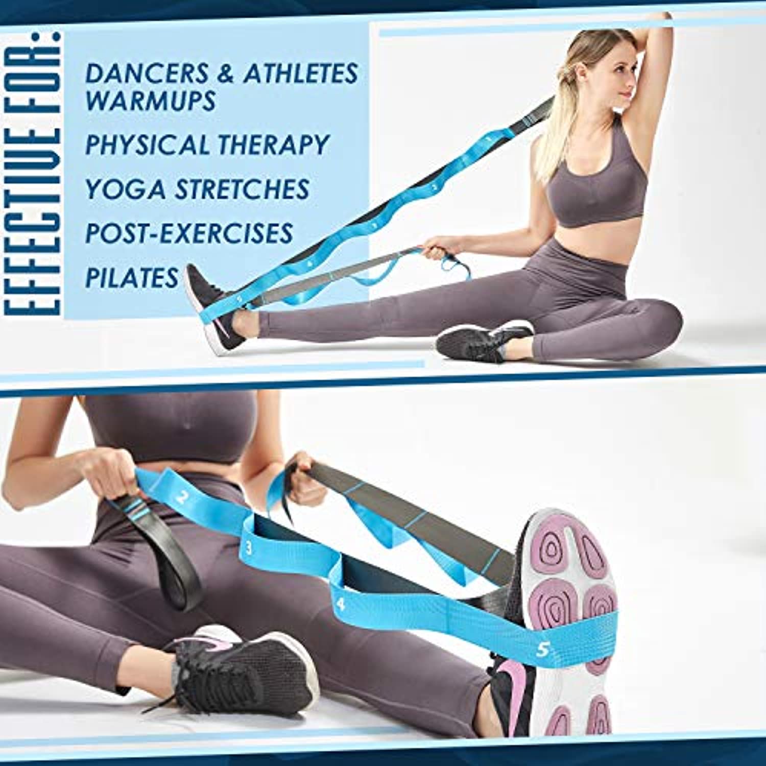 Relax Tony - Correa elástica con trabillas para yoga, terapia física y ejercicios de flexibilidad, no elástica, 12 bucles, incluye guía ilustrada de entrenamiento, Gris