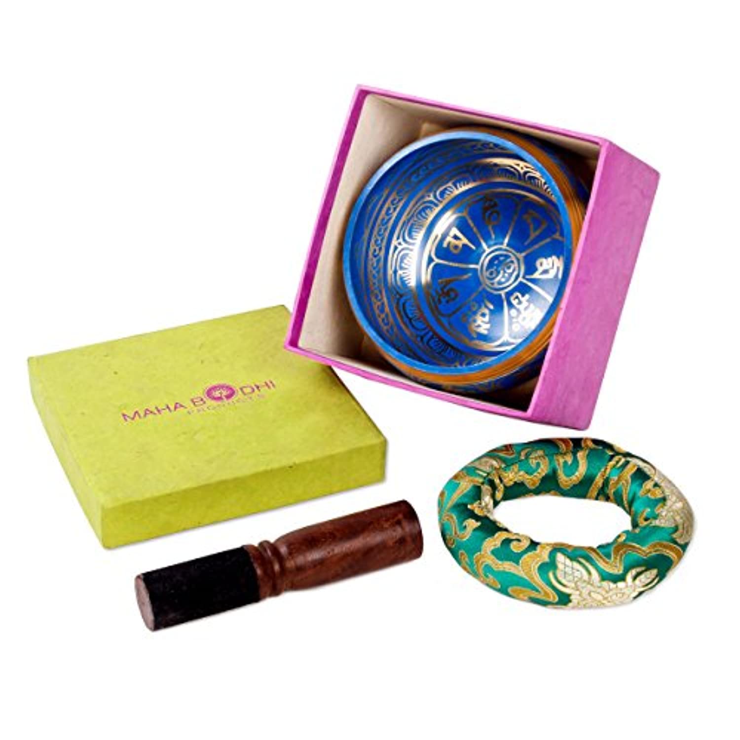 Juego de cuencos tibetanos, diseño azul fresco, maha bodhi, 4.7 in de ancho, auténtico gong de meditación para relajación y curación de chakras, totalmente tallado a mano, regalo perfecto