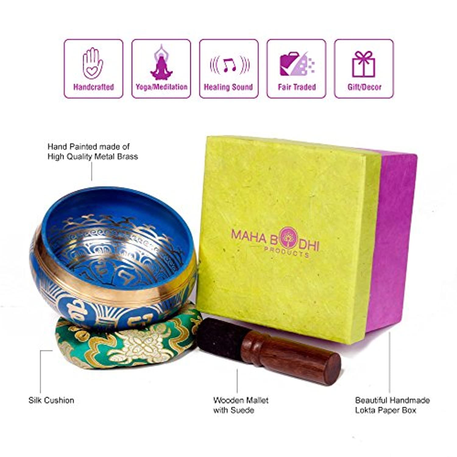 Juego de cuencos tibetanos, diseño azul fresco, maha bodhi, 4.7 in de ancho, auténtico gong de meditación para relajación y curación de chakras, totalmente tallado a mano, regalo perfecto