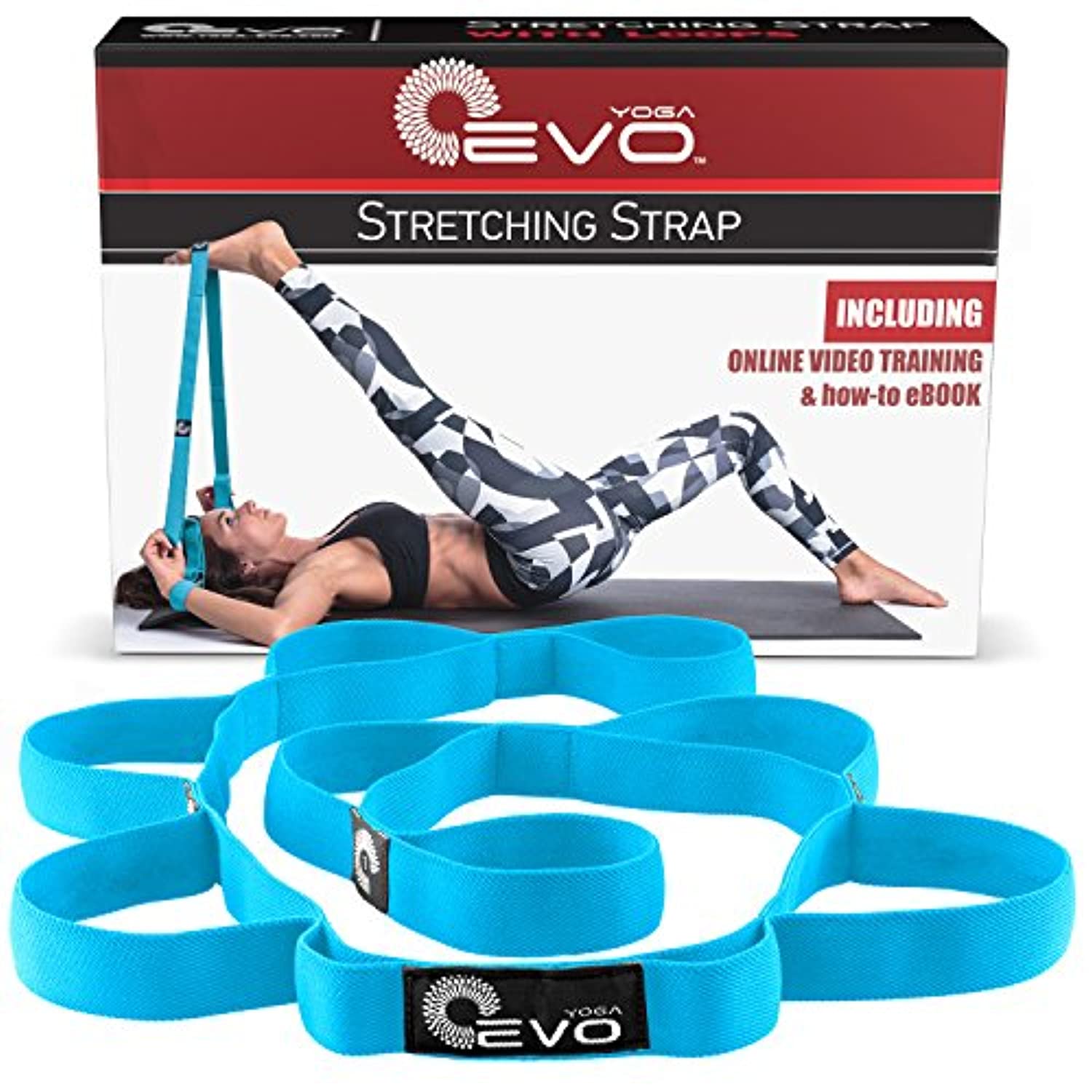 Correa de yoga EVO para estirar con 10 bucles, elástica o no elástica, tela suave | fuerte resistencia | viene con libro electrónico de ejercicios y tutoriales en vídeo en línea