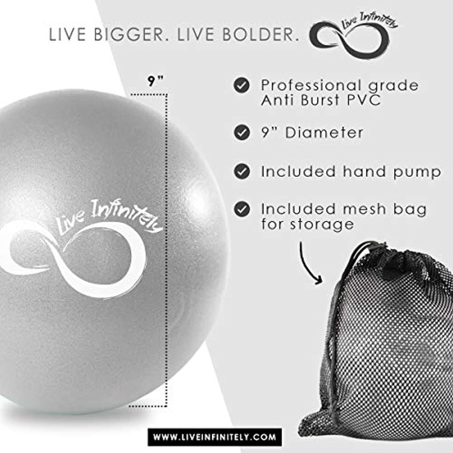 Live Infinitamente 9 pulgadas Barre Pilates bola y bomba de mano – anti ráfaga mini bola y libro electrónico de entrenamiento digital incluido para yoga, ejercicio, equilibrio y entrenamiento de estabilidad, viene con bolsa de transporte de malla