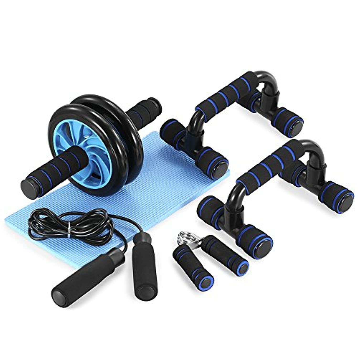 TOMSHOO - Kit 5 en 1 de rueda para abdominales con barra para flexiones, cuerda de saltar, pinzas para mano y almohadilla para rodillas, para gimnasio y entrenamiento en casa