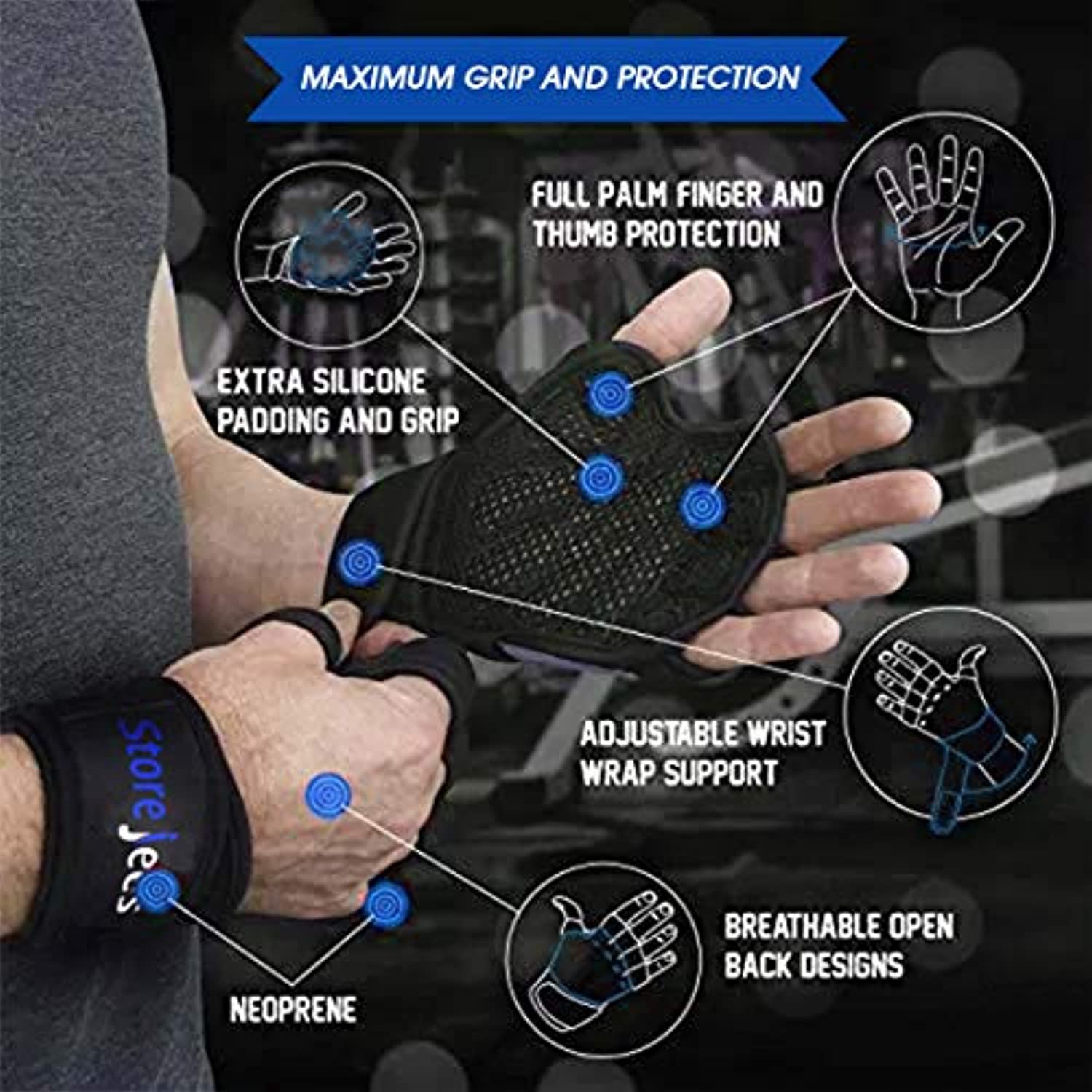 Guantes de gimnasio para levantamiento de pesas con muñequera para hombres y mujeres, guantes de entrenamiento sin dedos totalmente ventilados que protegen el pulgar y la palma, agarre extra natural para levantamiento de pesas, ejercicios de crossfit