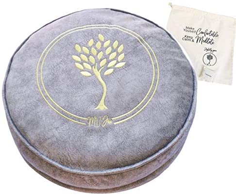 Cojín de meditación MV Joie Zafu relleno con cascos de trigo sarraceno y paquetes de carbón | Almohada de yoga en terciopelo suave/gamuza; diseño de bordado, bolsa de lavanda y bolsa de algodón antipolvo.